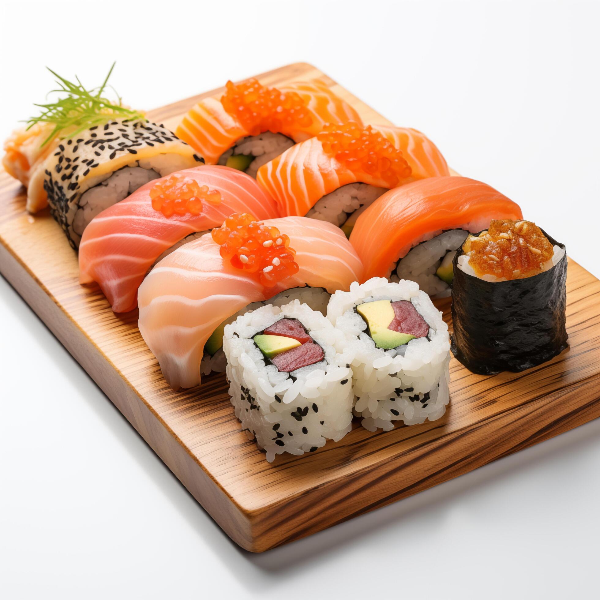 Wooden desk with different kinds of sushi isolated on white background. Photo for restaurant menu, advertising, delivery, banner Stock Free