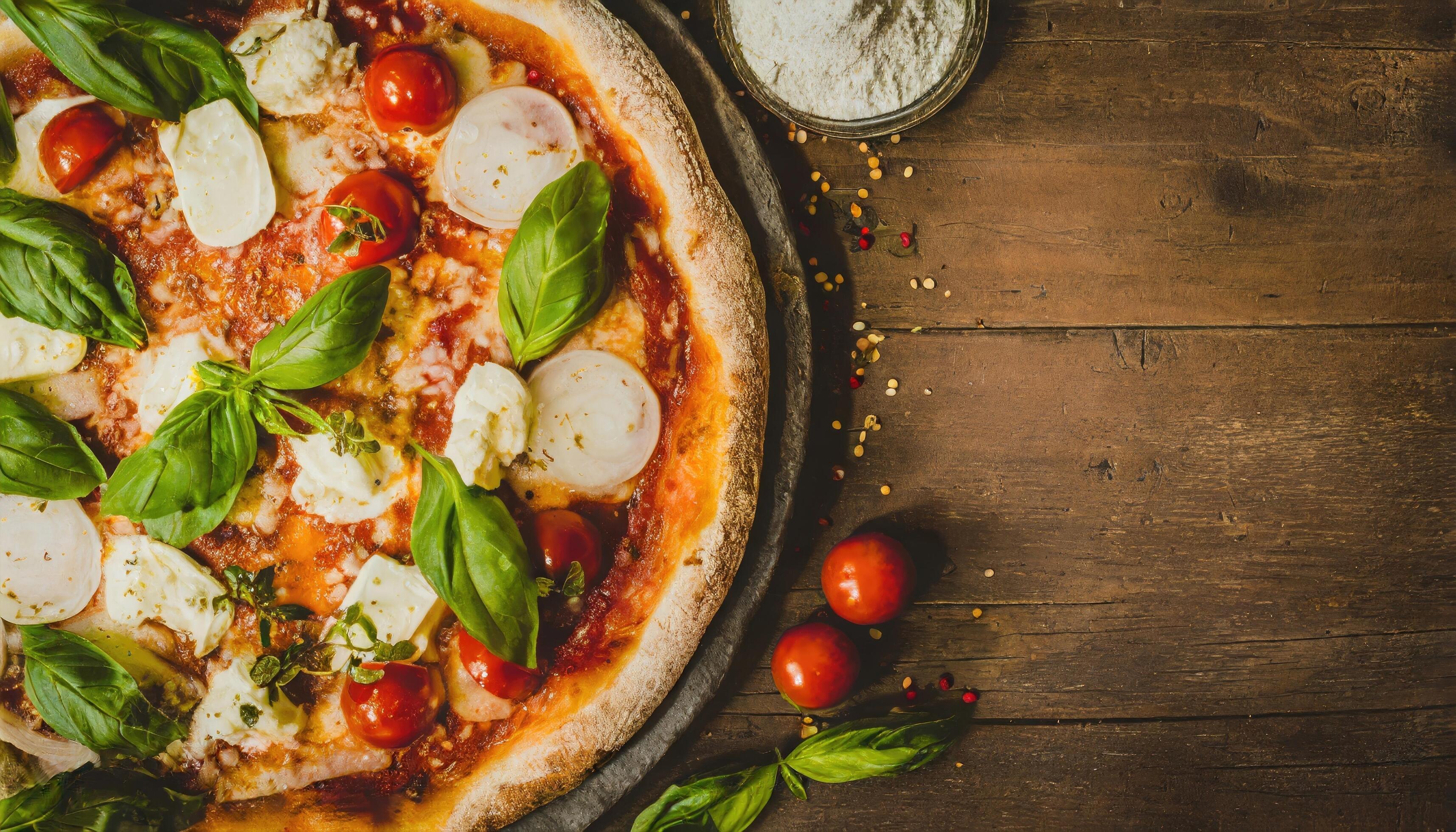 Copy Space image of Pizza Margherita on wooden background, Pizza Margarita with Tomatoes, Stock Free