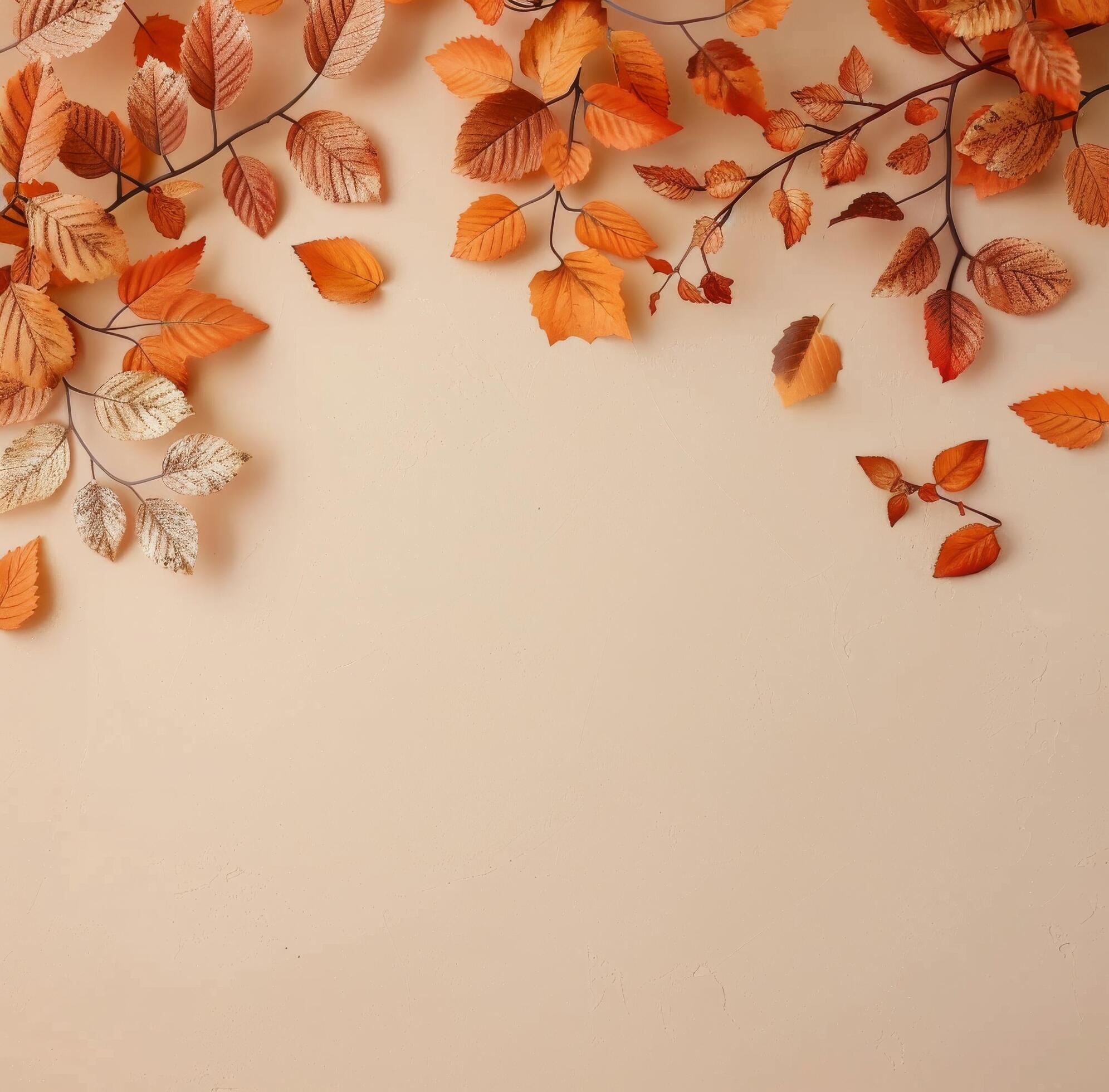 Autumn Leaves and Grasses on Tan Background Stock Free