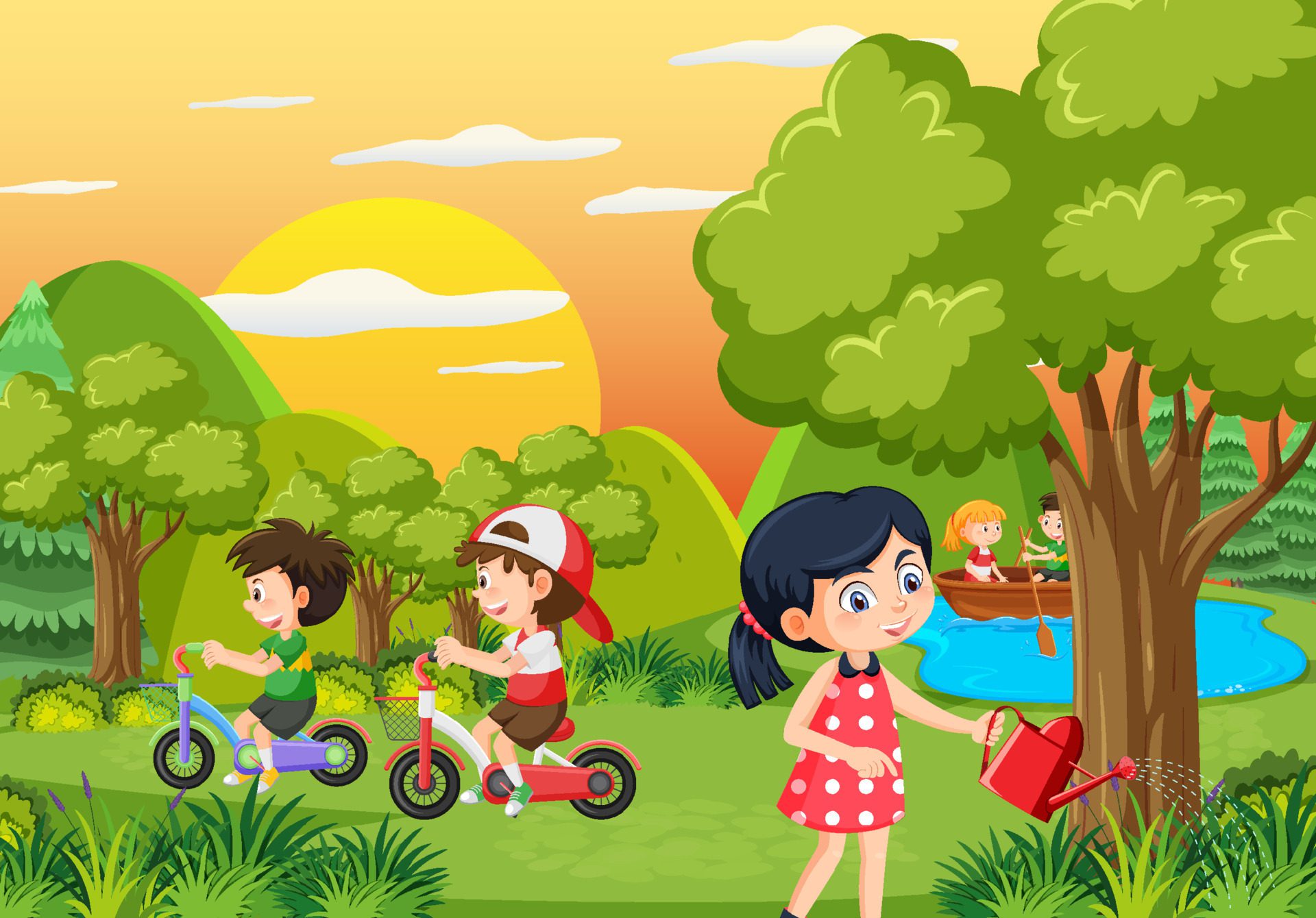 Happy people in the park gardening Free Vector