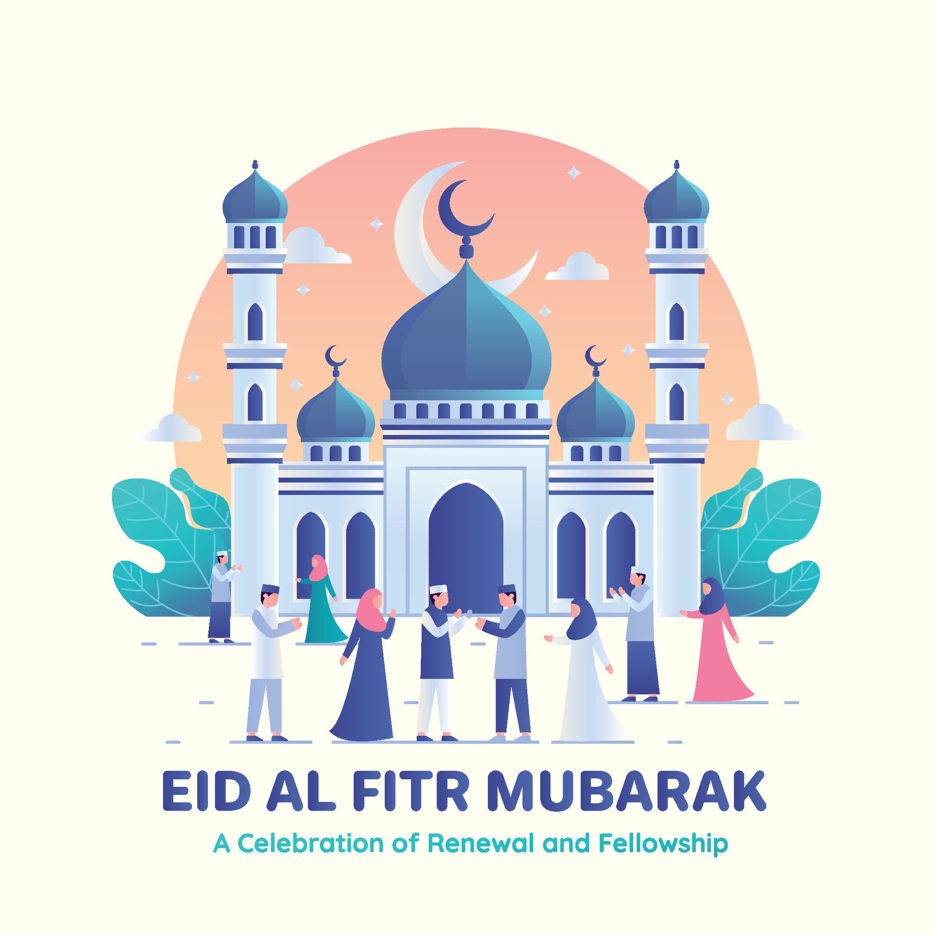 Flat Illustration of Islamic People Celebrating Eid in Front of Mosque Free Vector