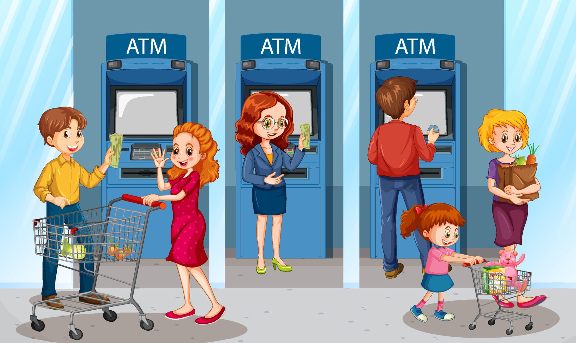 People withdraw money from atm machine Free Vector