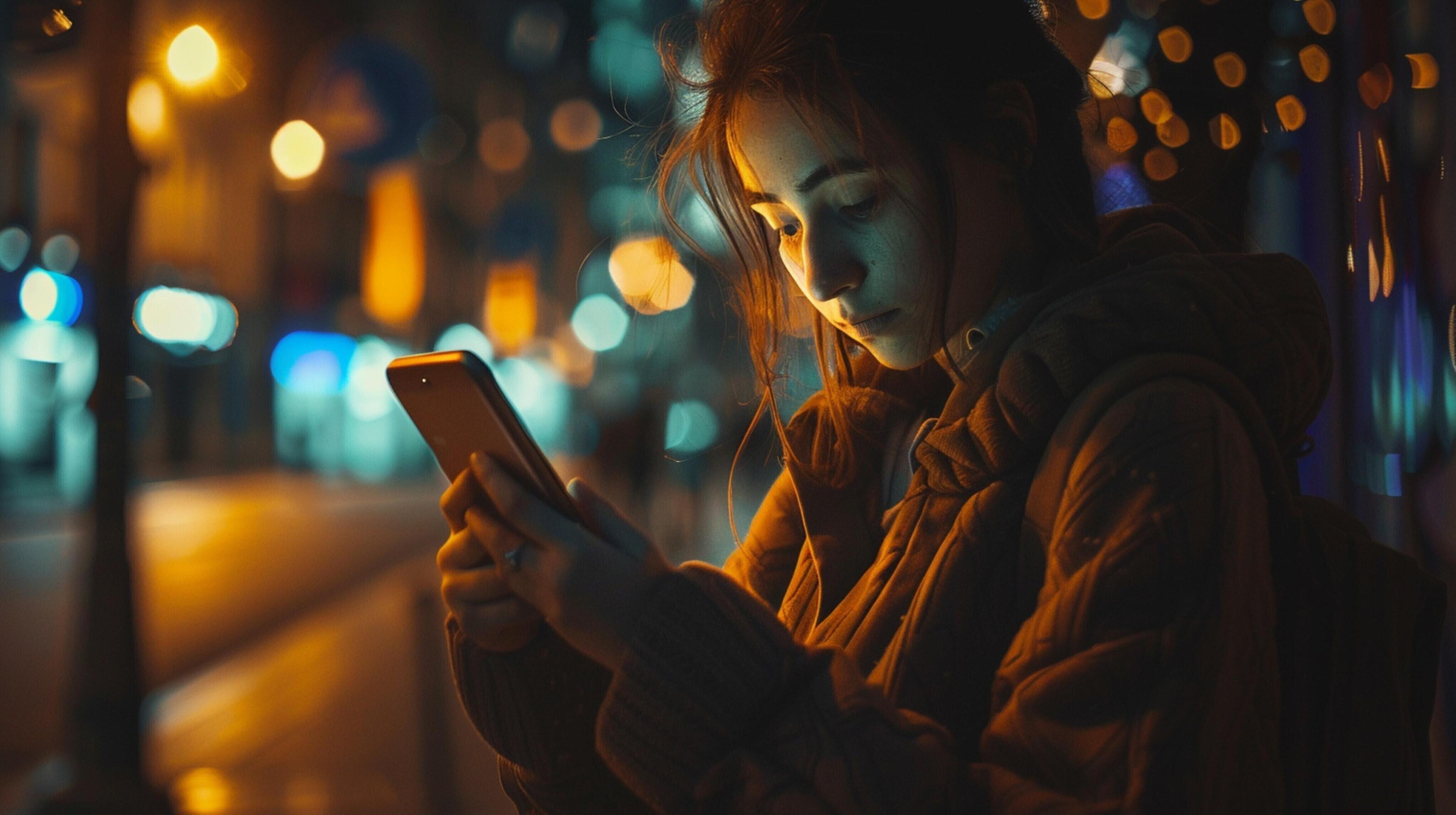 young woman illuminated night texting on phone Stock Free