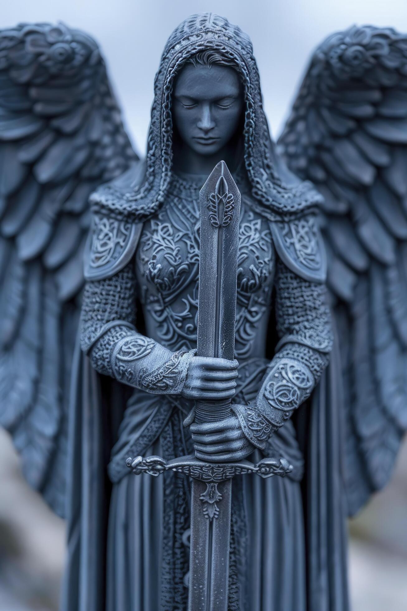 a sculpture of an angel holding a sword in blue colour hue on dark background Stock Free