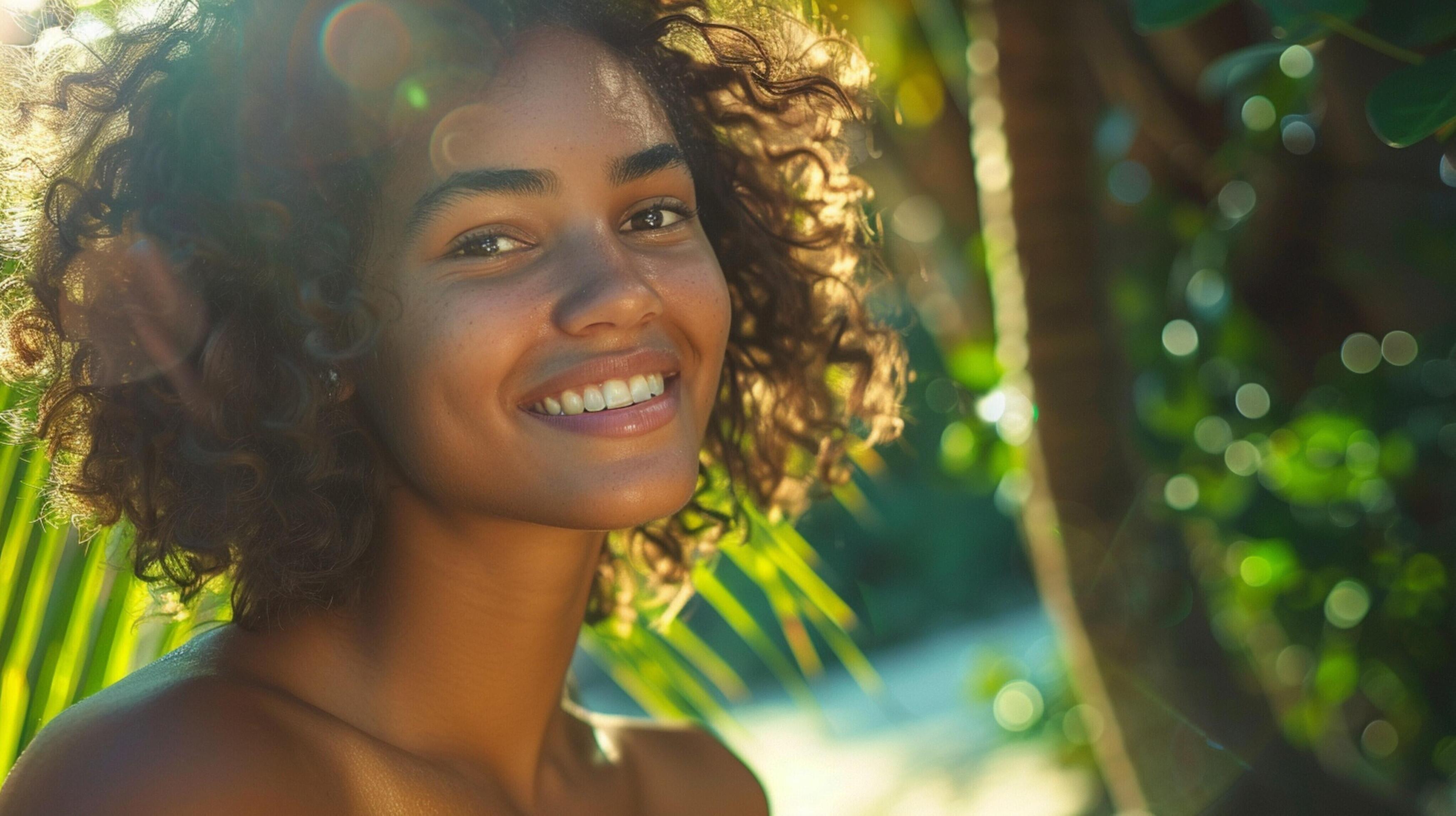 young woman outdoors looking at camera smiling Stock Free