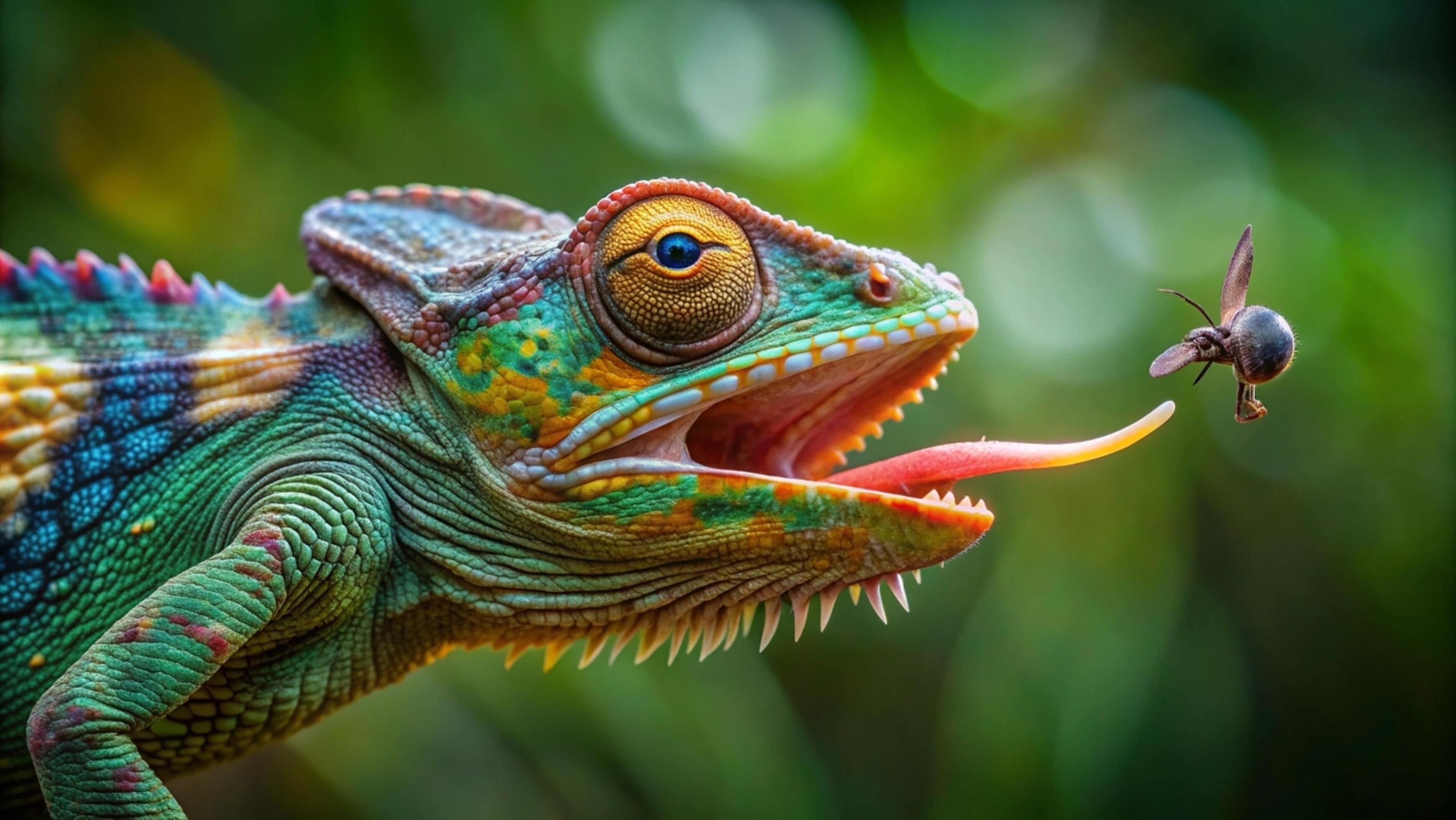 A vibrant chameleon camouflaging against a lush green forest background. Stock Free