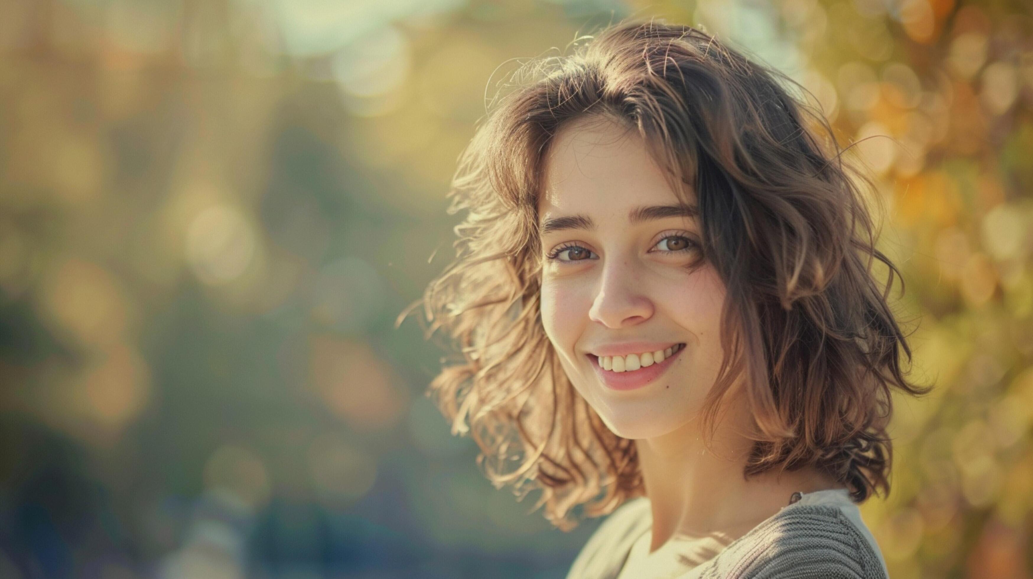 young woman outdoors looking at camera smiling Stock Free