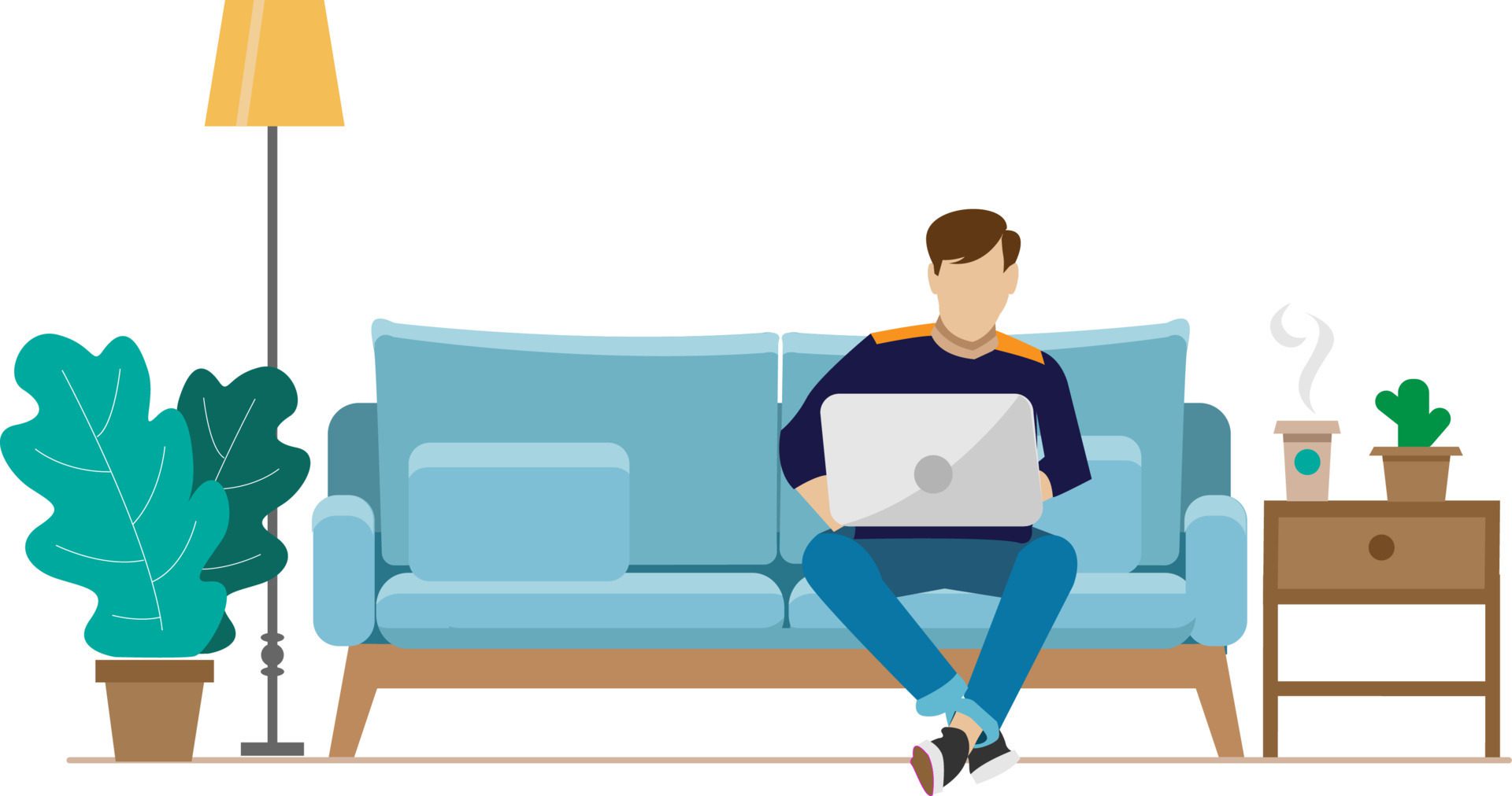 Man working from home sitting on a sofa, student or freelancer. Home office concept. Vector flat illustration in cute style Free Vector