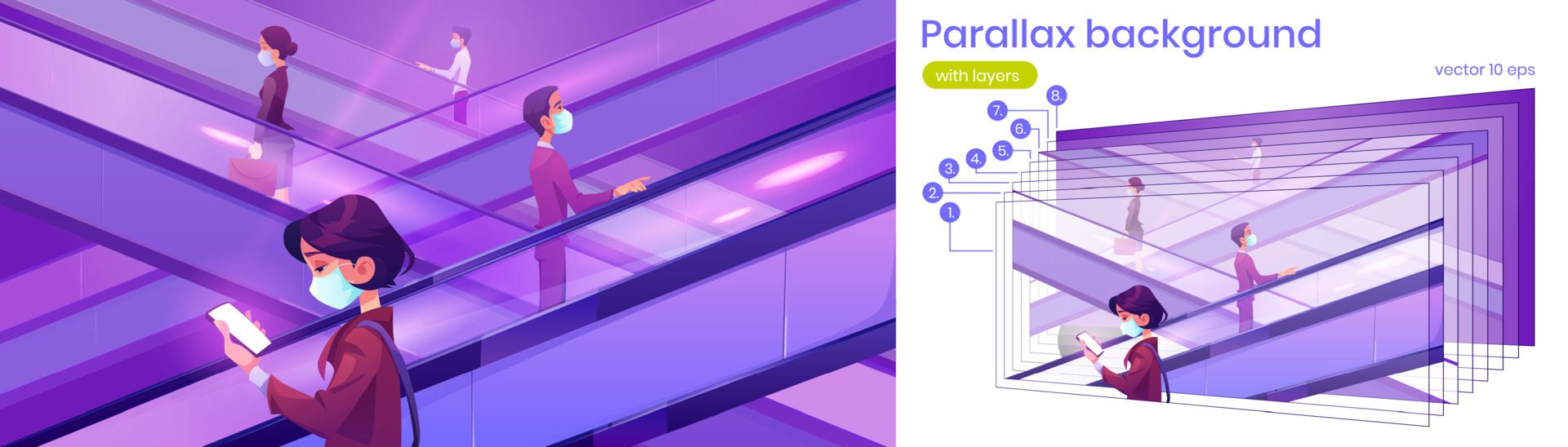 Parallax 2d background people in mask on escalator Free Vector