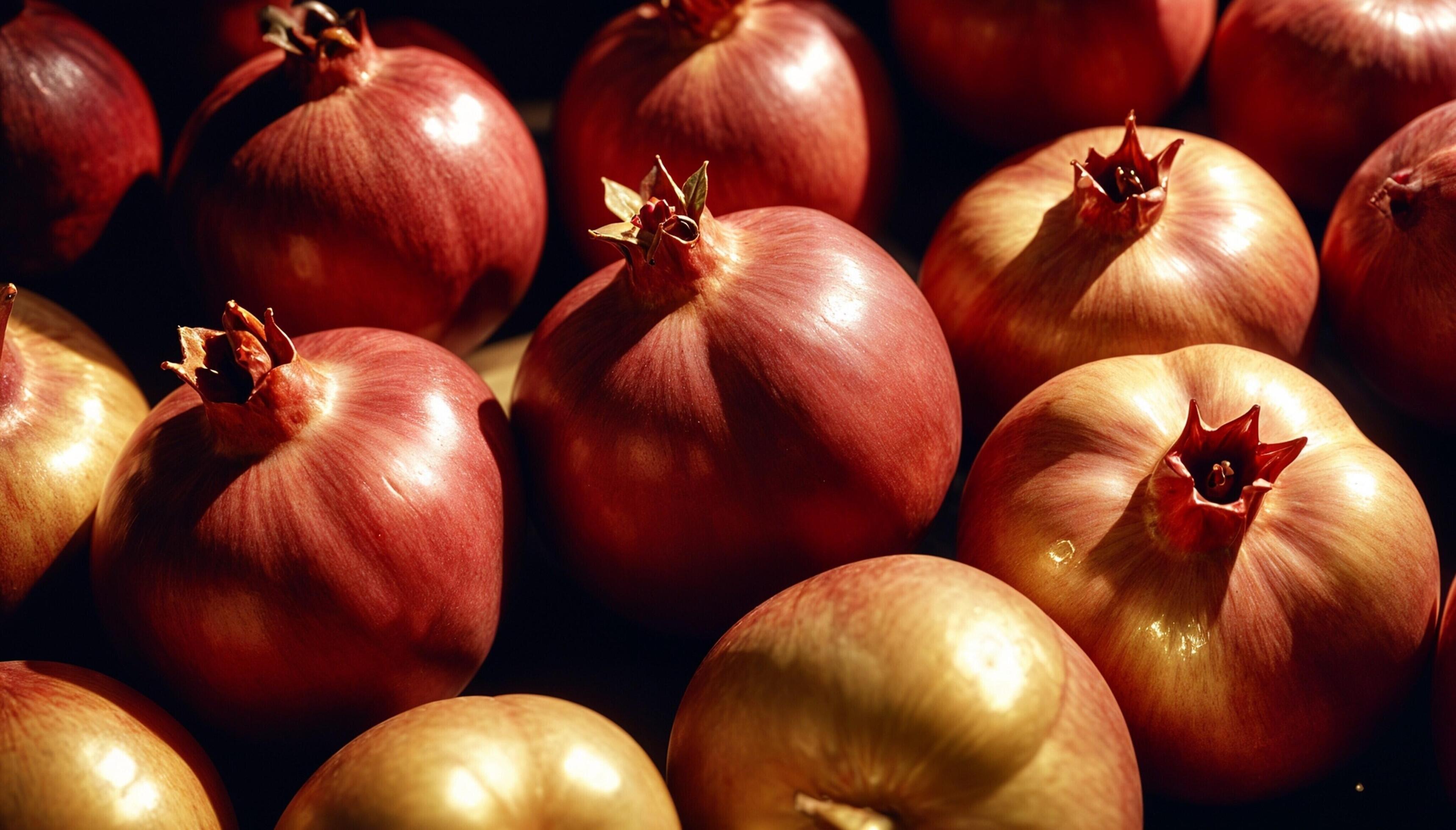 A close-up photo of several red fresh pomegranates on a dark background Stock Free