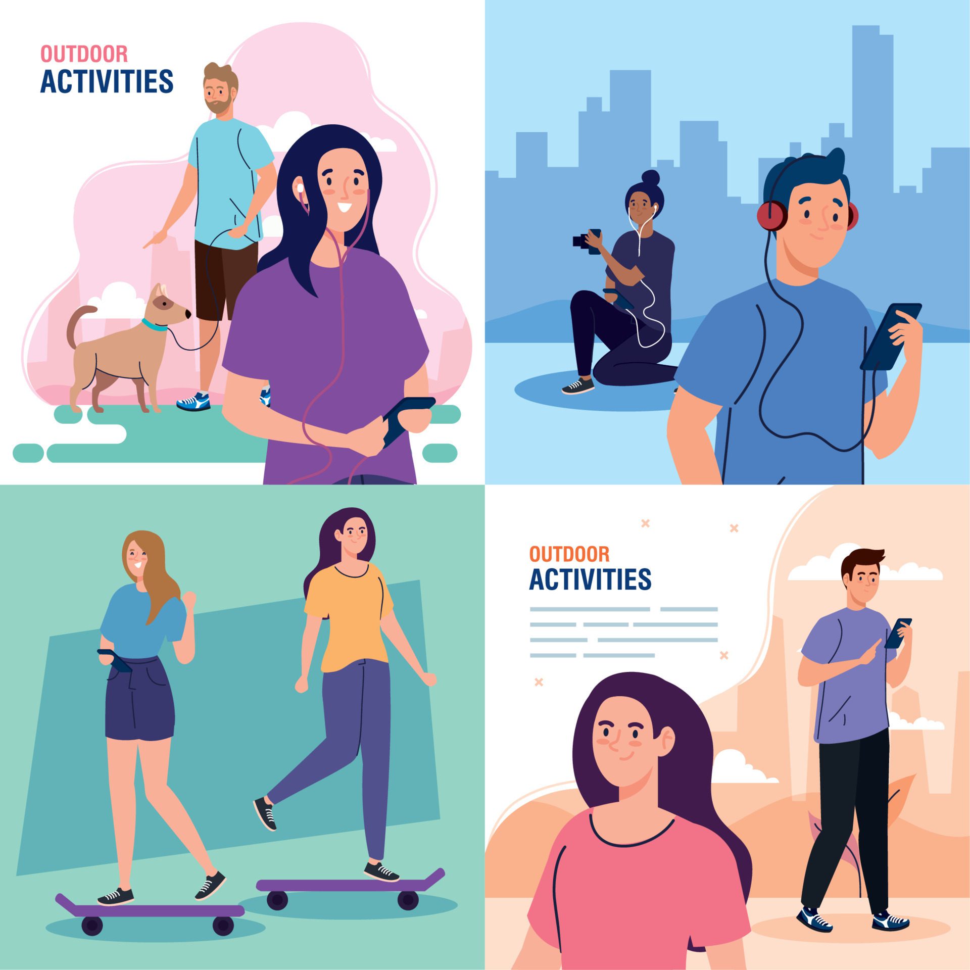 set of banners, young people performing leisure outdoor activities Free Vector