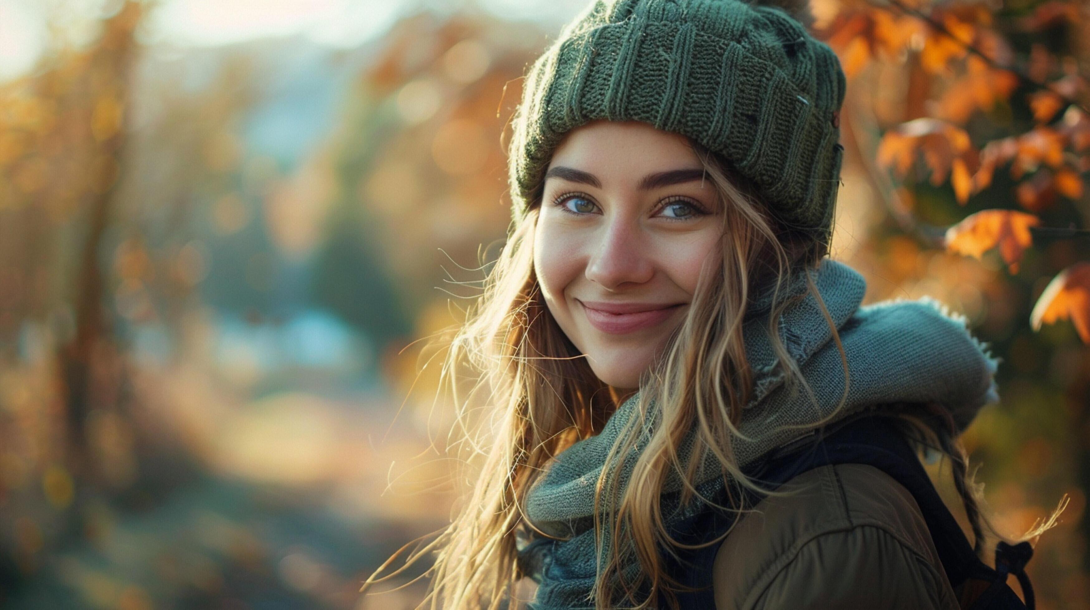 young woman outdoors looking at camera smiling Stock Free