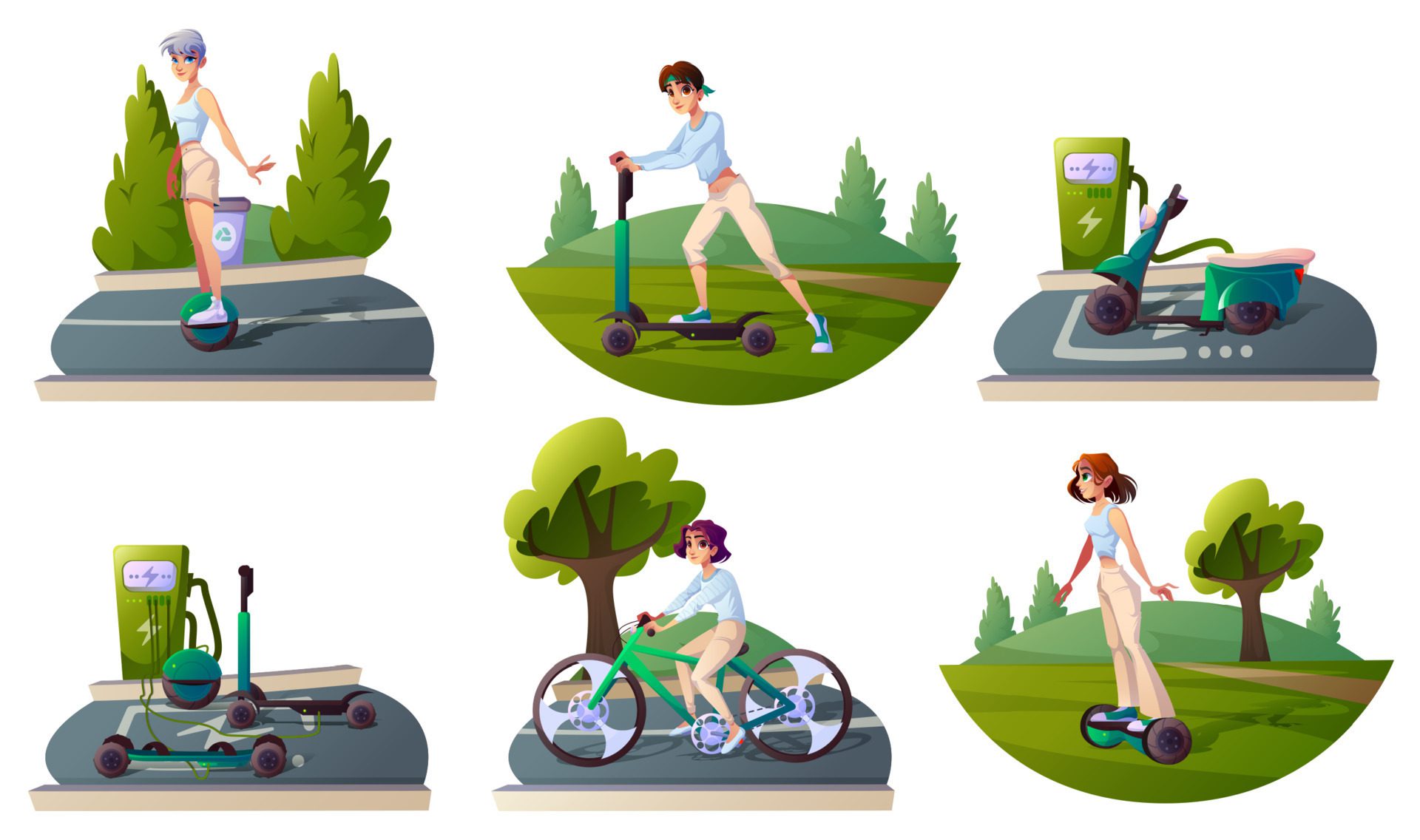 Set people riding ecology transport and recharge Free Vector