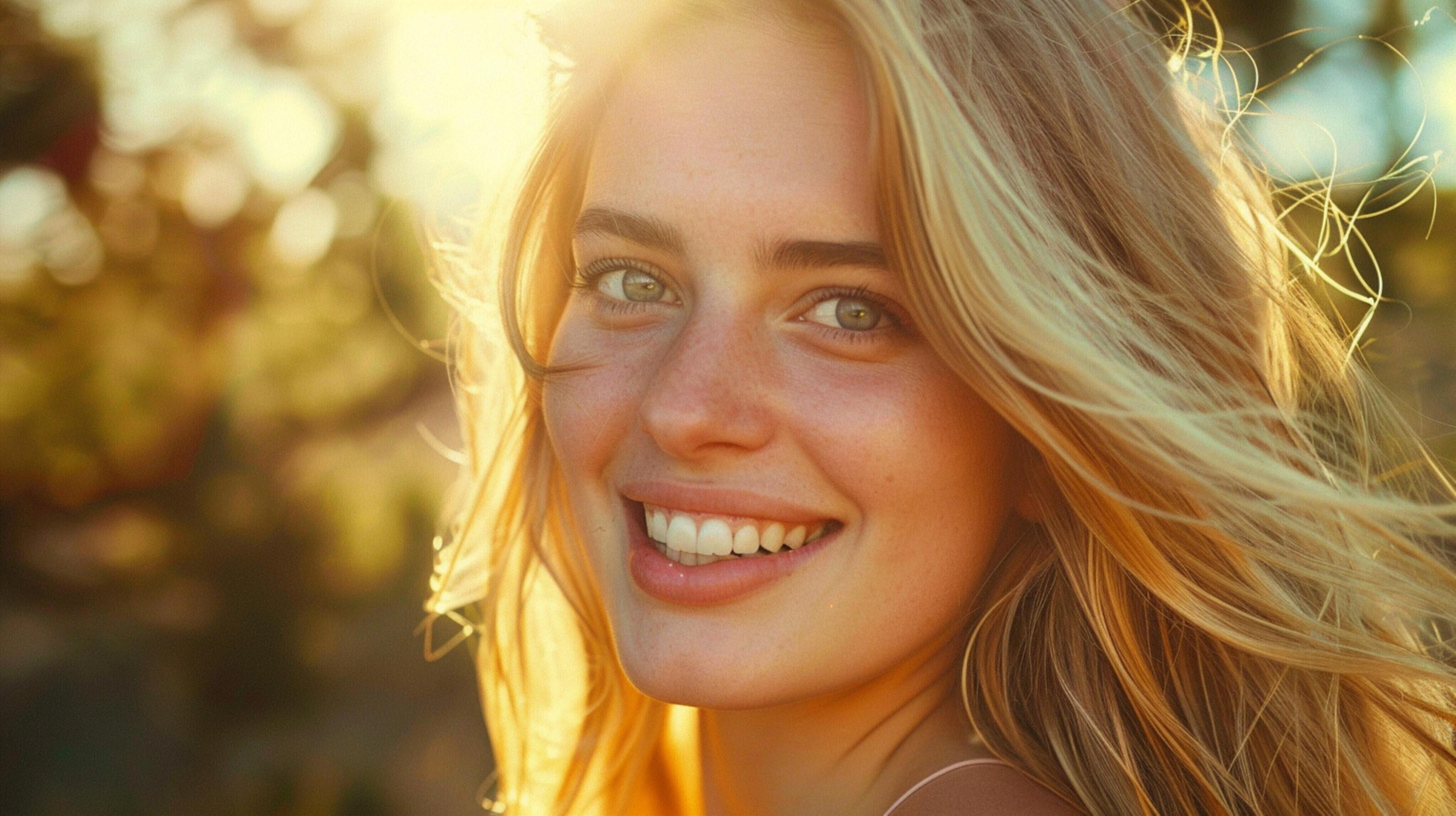 young woman with long blond hair smiling enjoying Stock Free