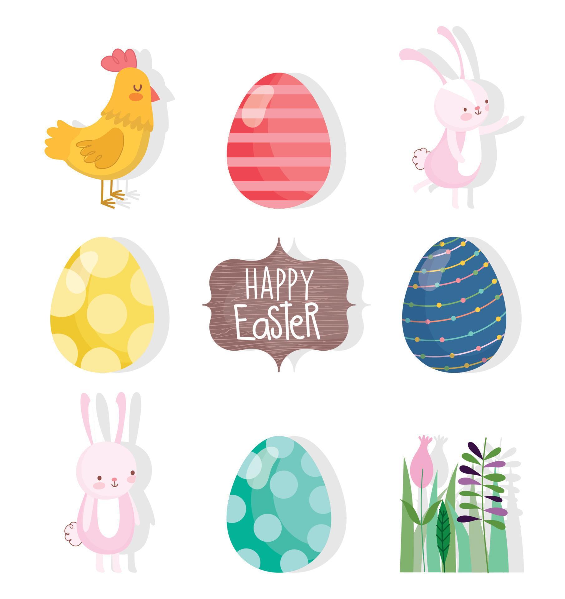 happy easter cute rabbits hen eggs flower leaves icons Stock Free