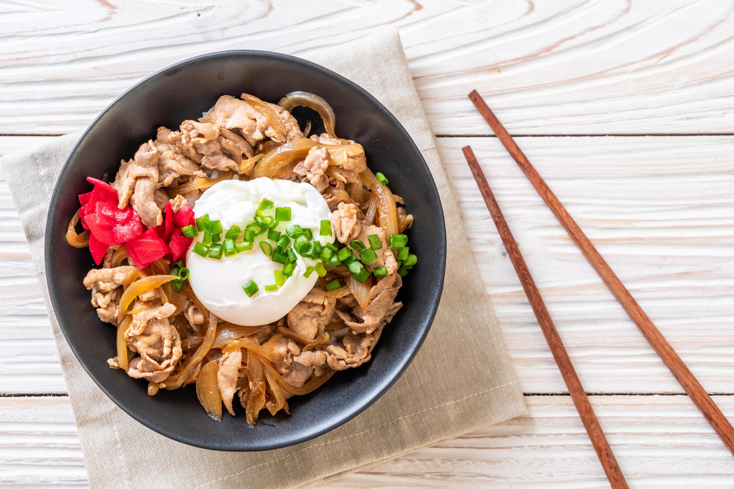 Pork rice bowl with egg or Donburi – Japanese food Stock Free