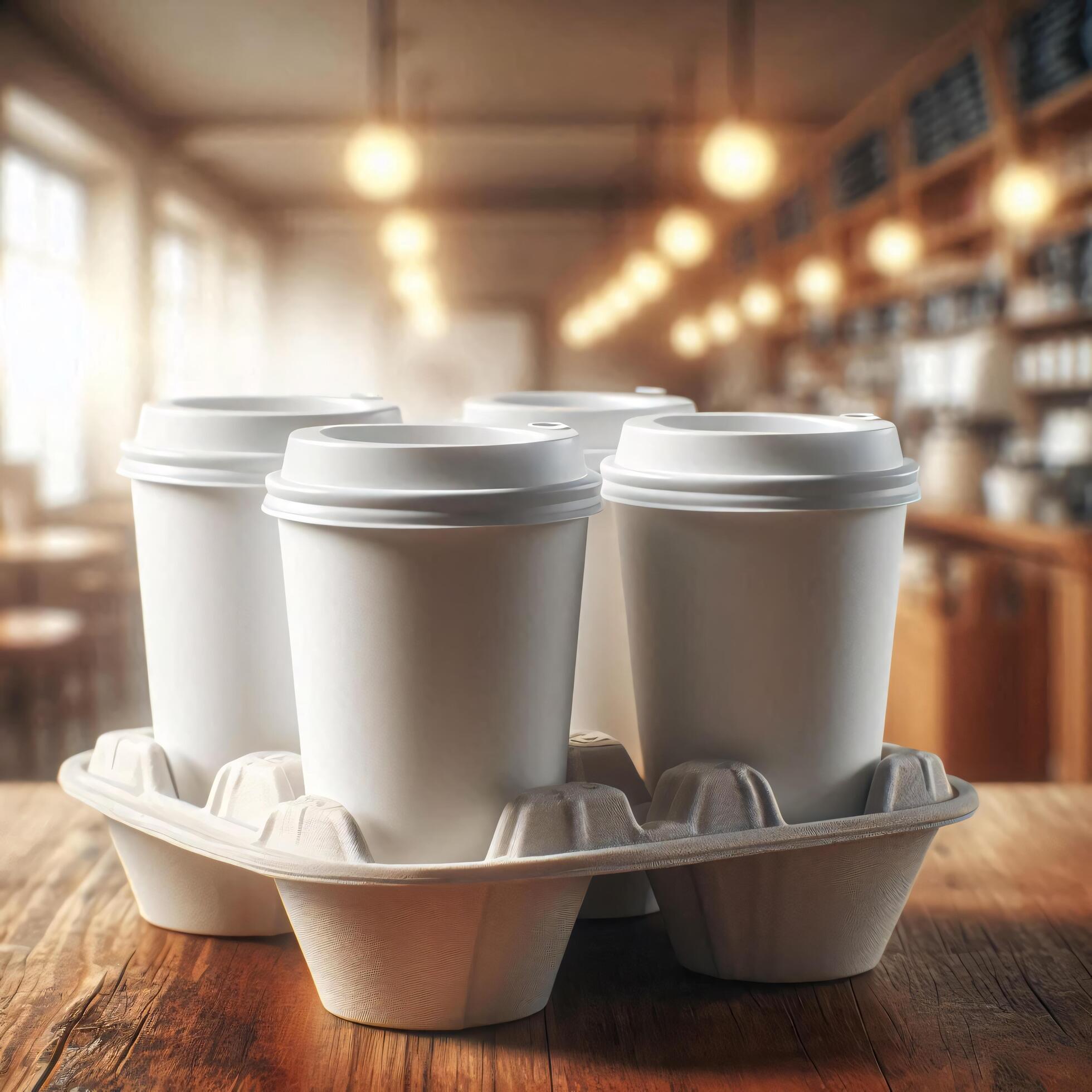 Colorful Takeaway Cups in a Carrier with a Blurred Coffee Shop Background for Mockup and Branding Use Stock Free