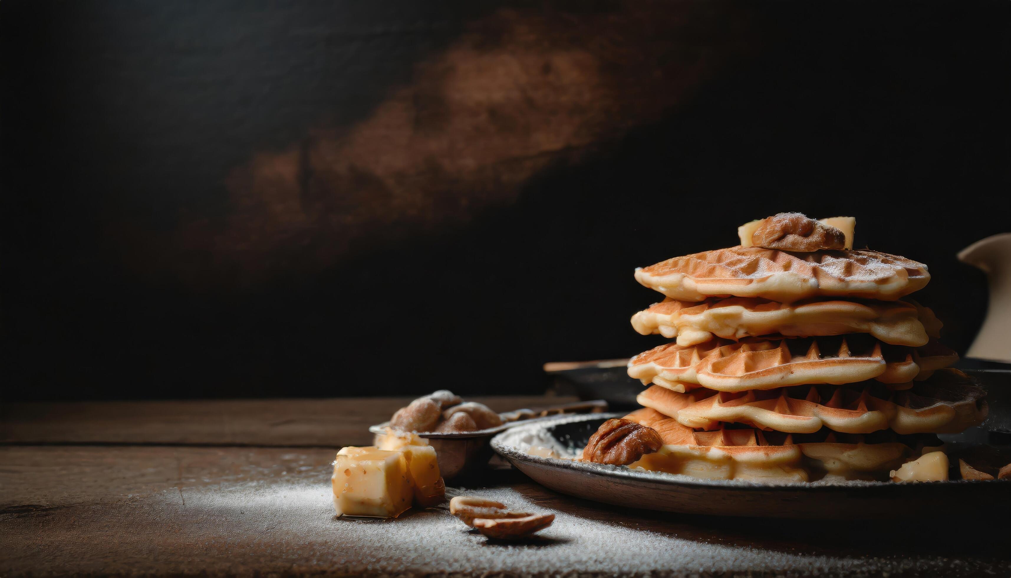 Copy Space image of Belgian waffles with berries on slate plate on dark wooden background. Stock Free