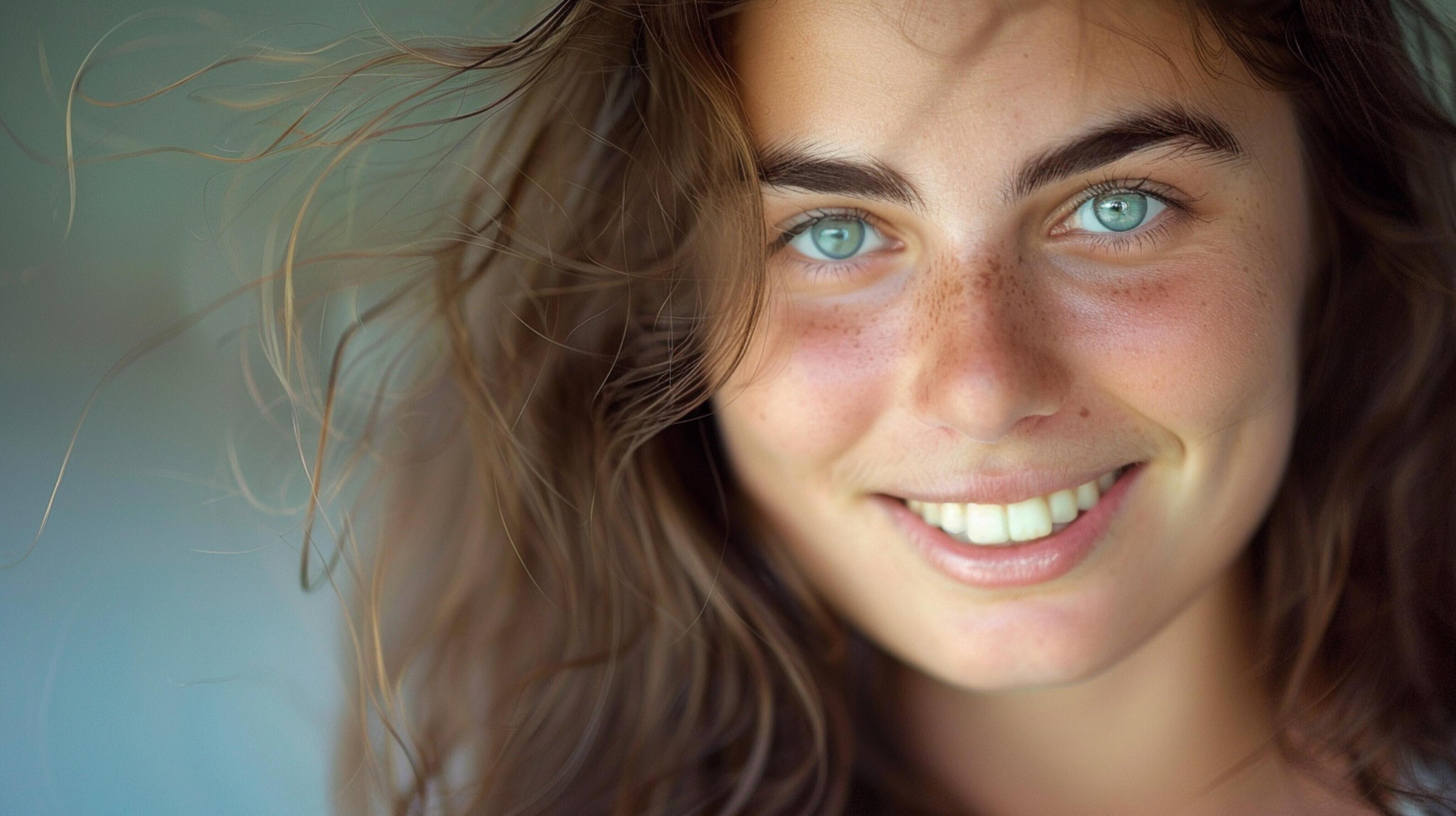 young woman with long brown hair smiling Stock Free