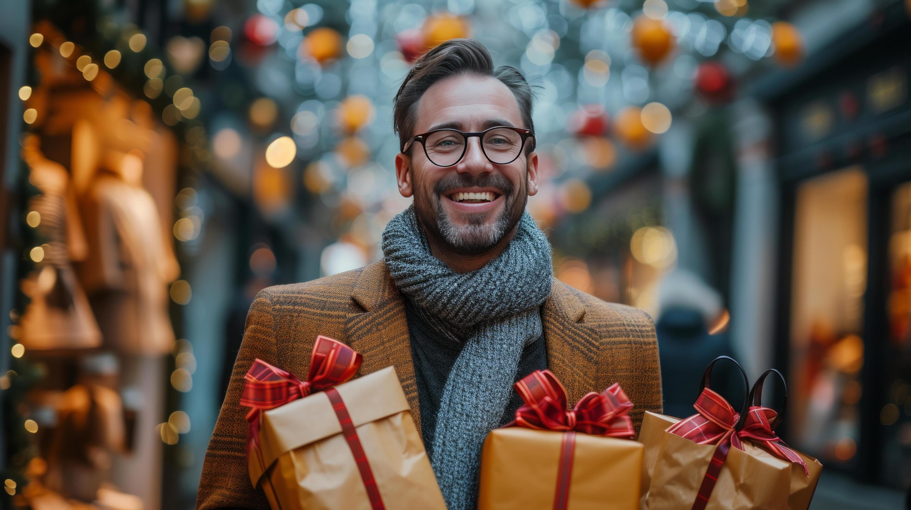 AI generated A Business Man Delights in Shopping for Gifts at the Mall Stock Free