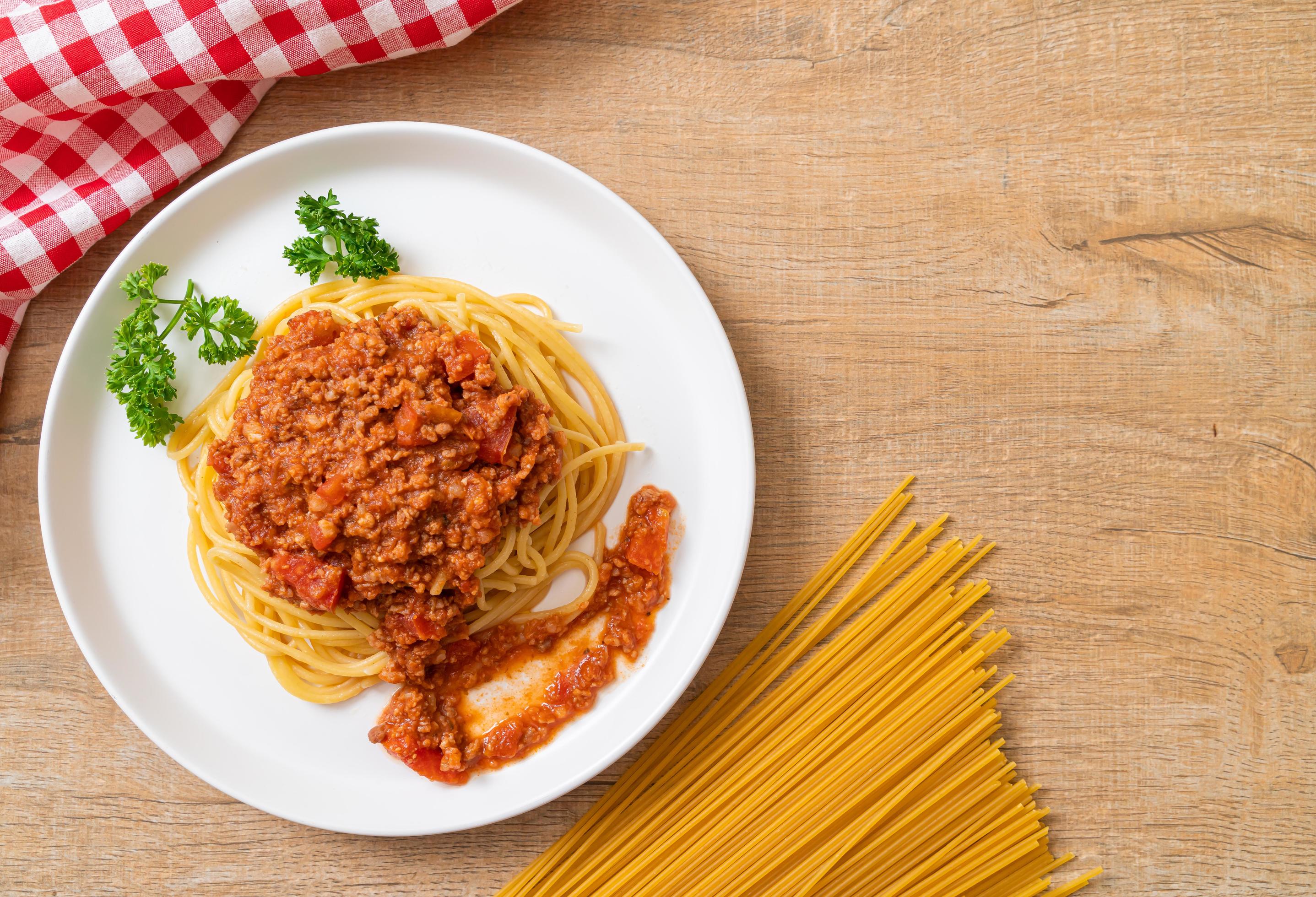 Spaghetti bolognese pork or spaghetti with minced pork tomato sauce – Italian food style Stock Free