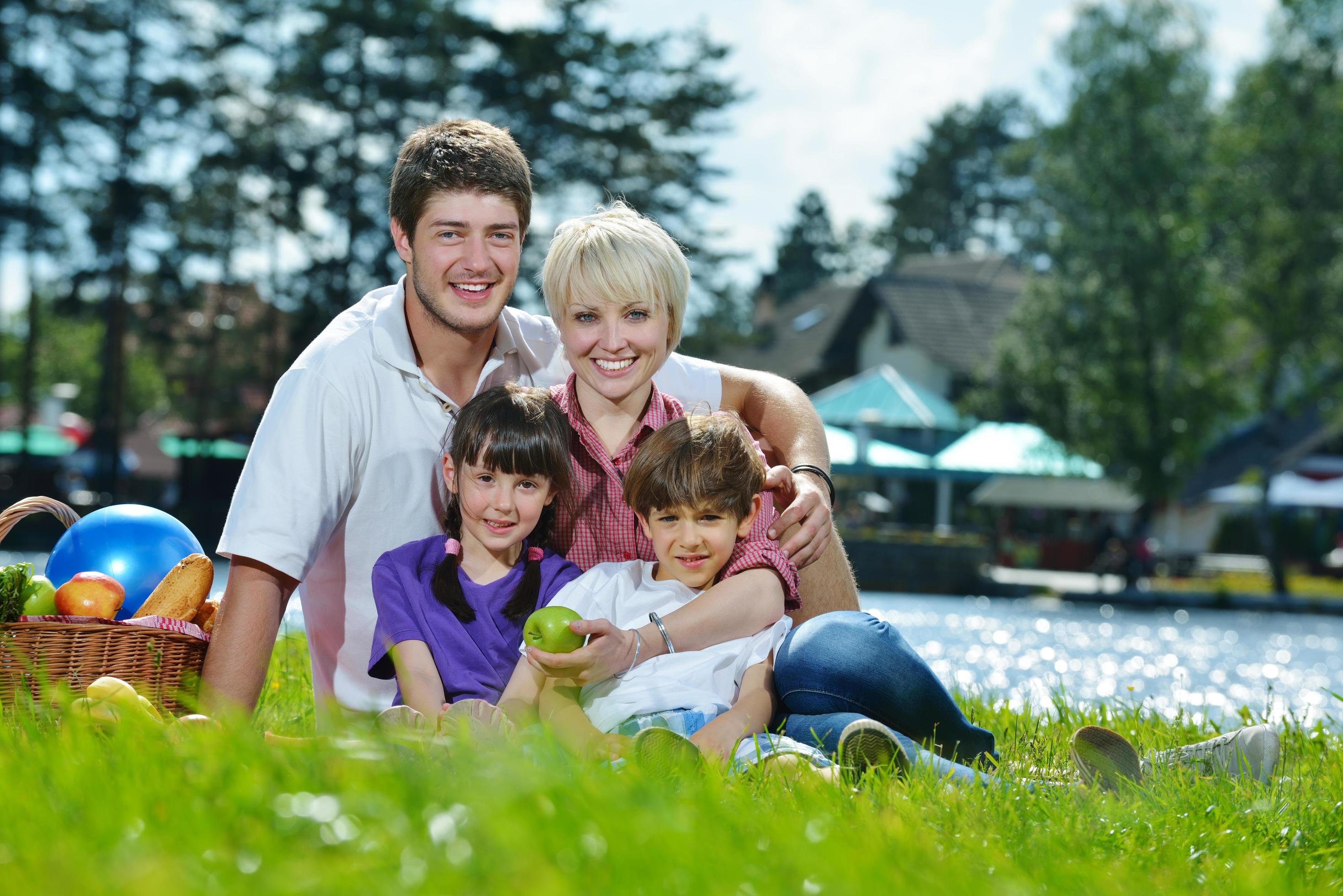 Happy family playing together in a picnic outdoors Stock Free