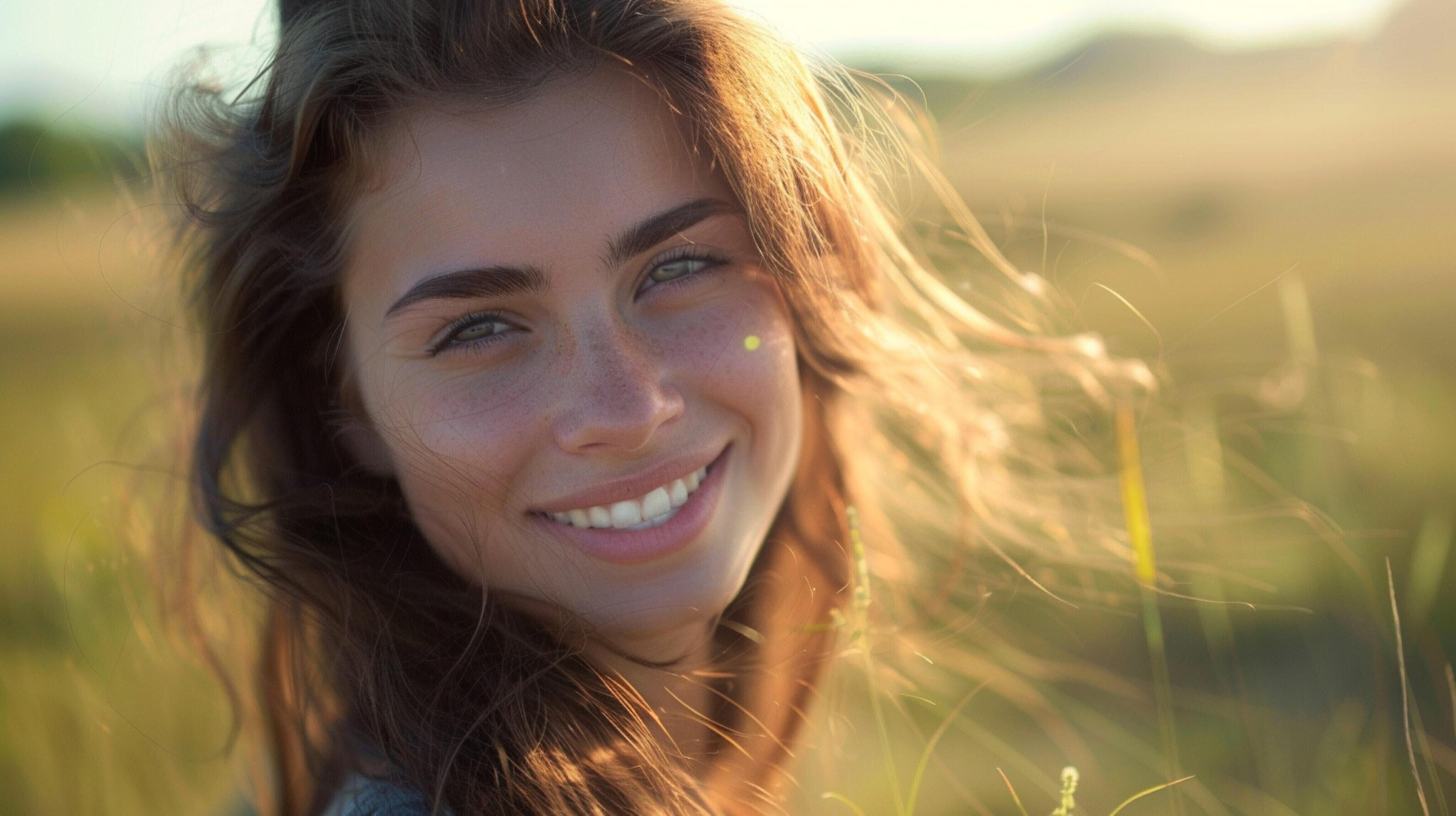 young woman with long brown hair smiling Stock Free