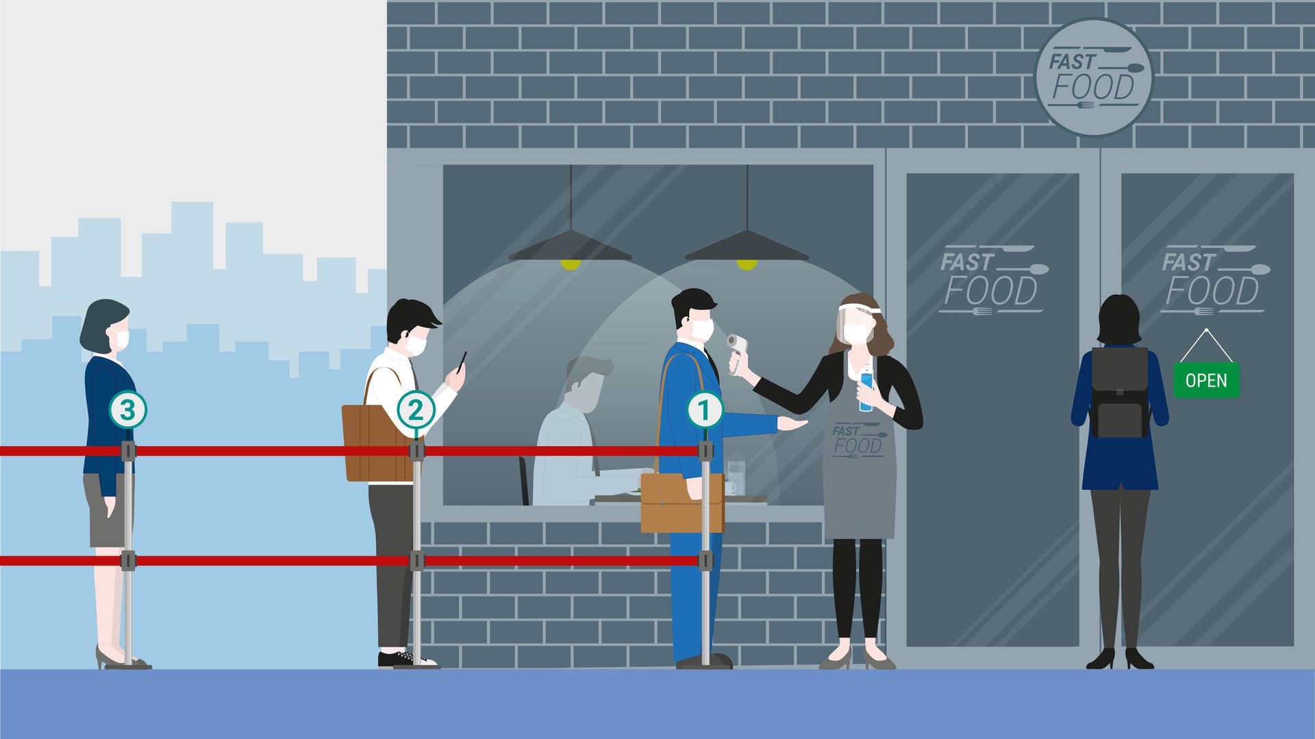 Business people in queue number for screening test before enter restaurant. Free Vector