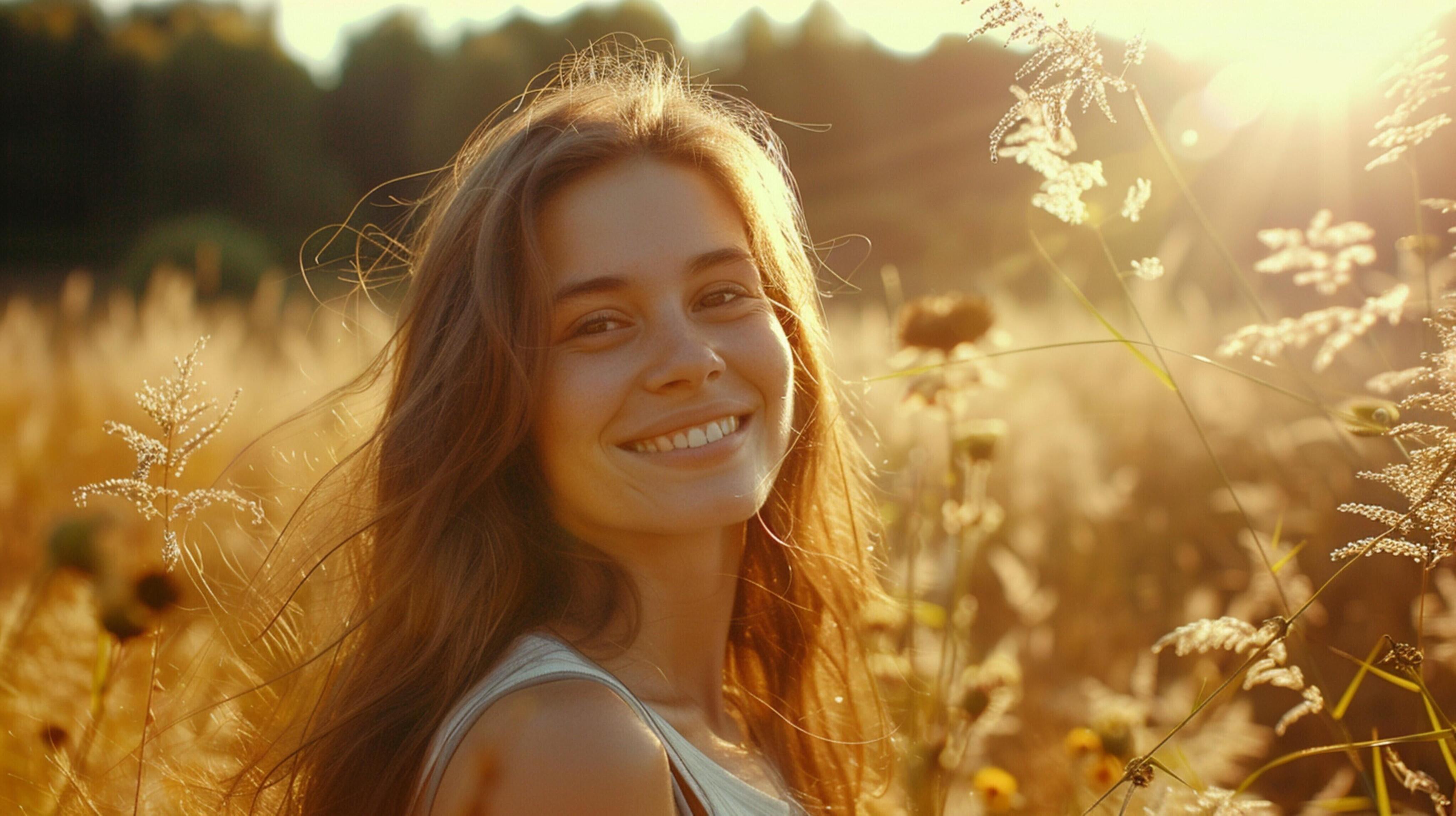 young woman outdoors looking at camera smiling Stock Free