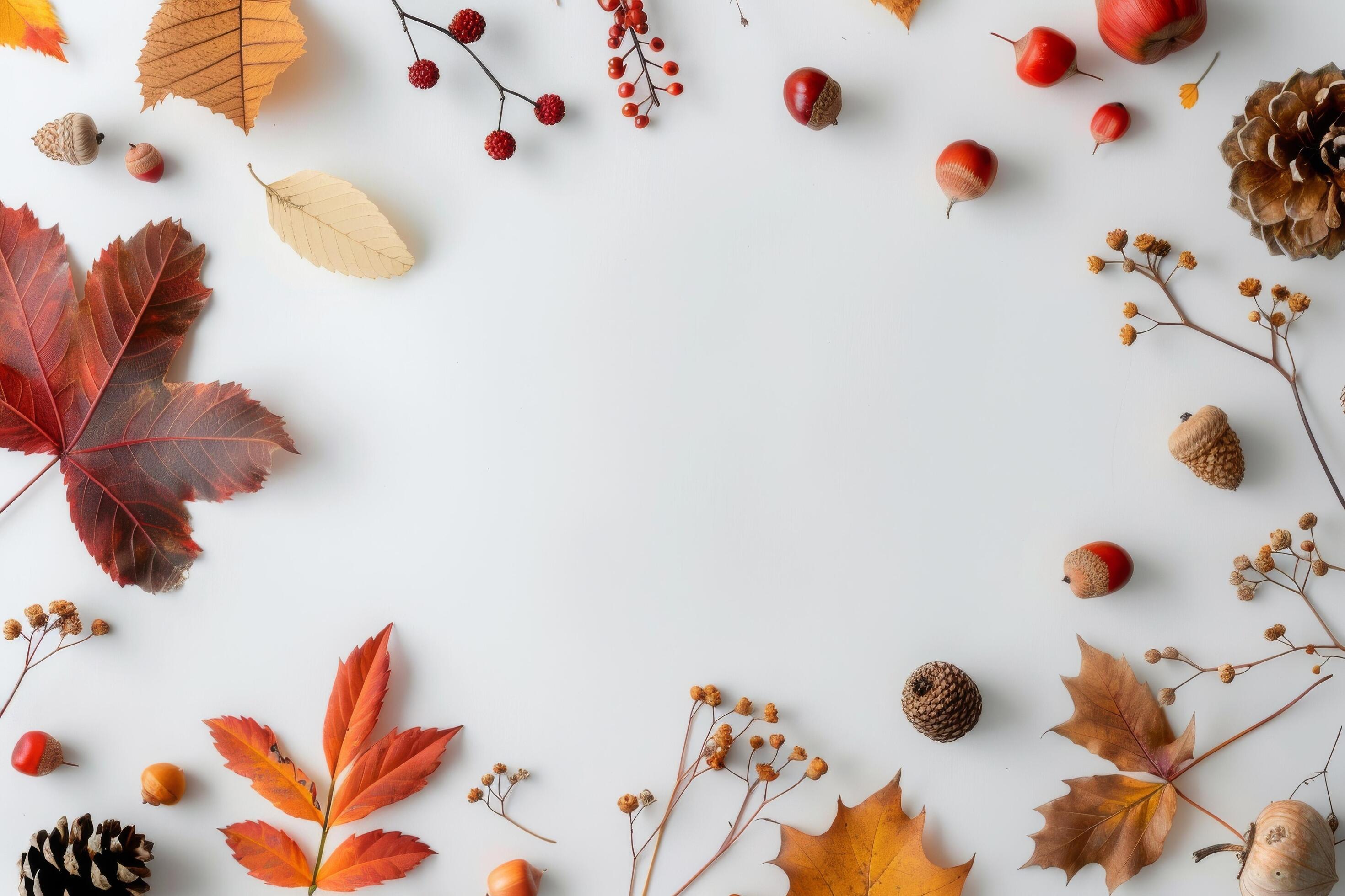 Autumn Leaves and Pumpkins on Marble Background Stock Free