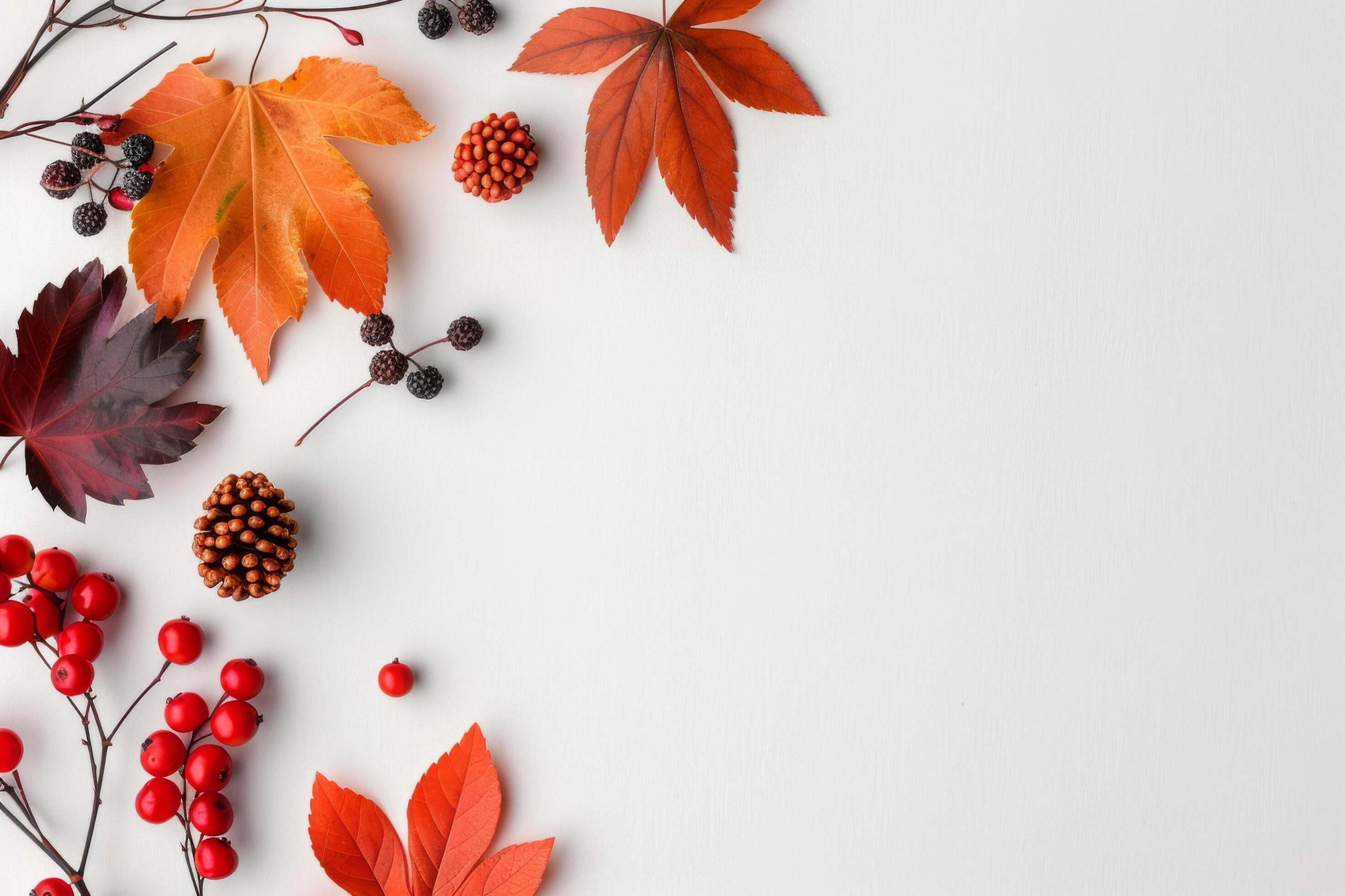 Red Berries and Autumn Leaves on White Background Stock Free