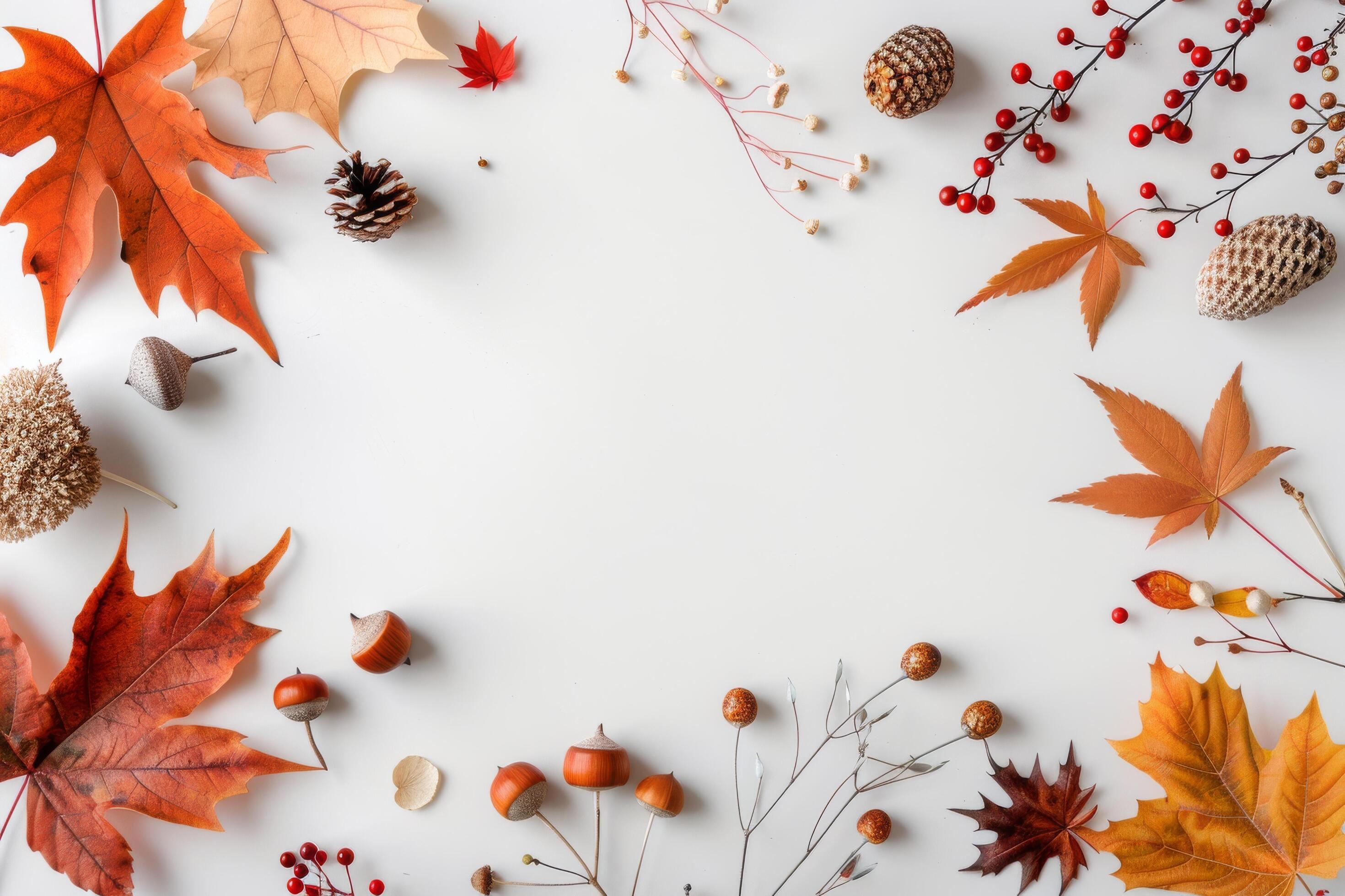 Autumn Leaves and Pumpkins on Marble Background Stock Free