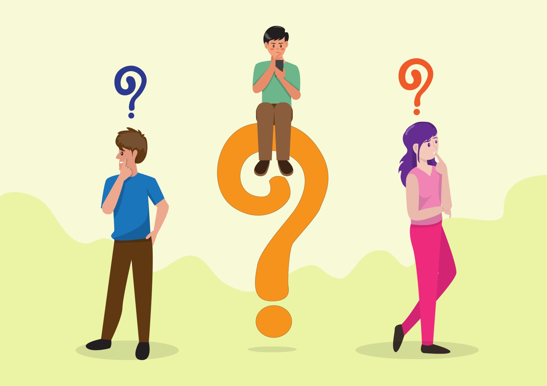 Men and women confused thinking together. man with question mark vector illustration man and woman with questions Free Vector