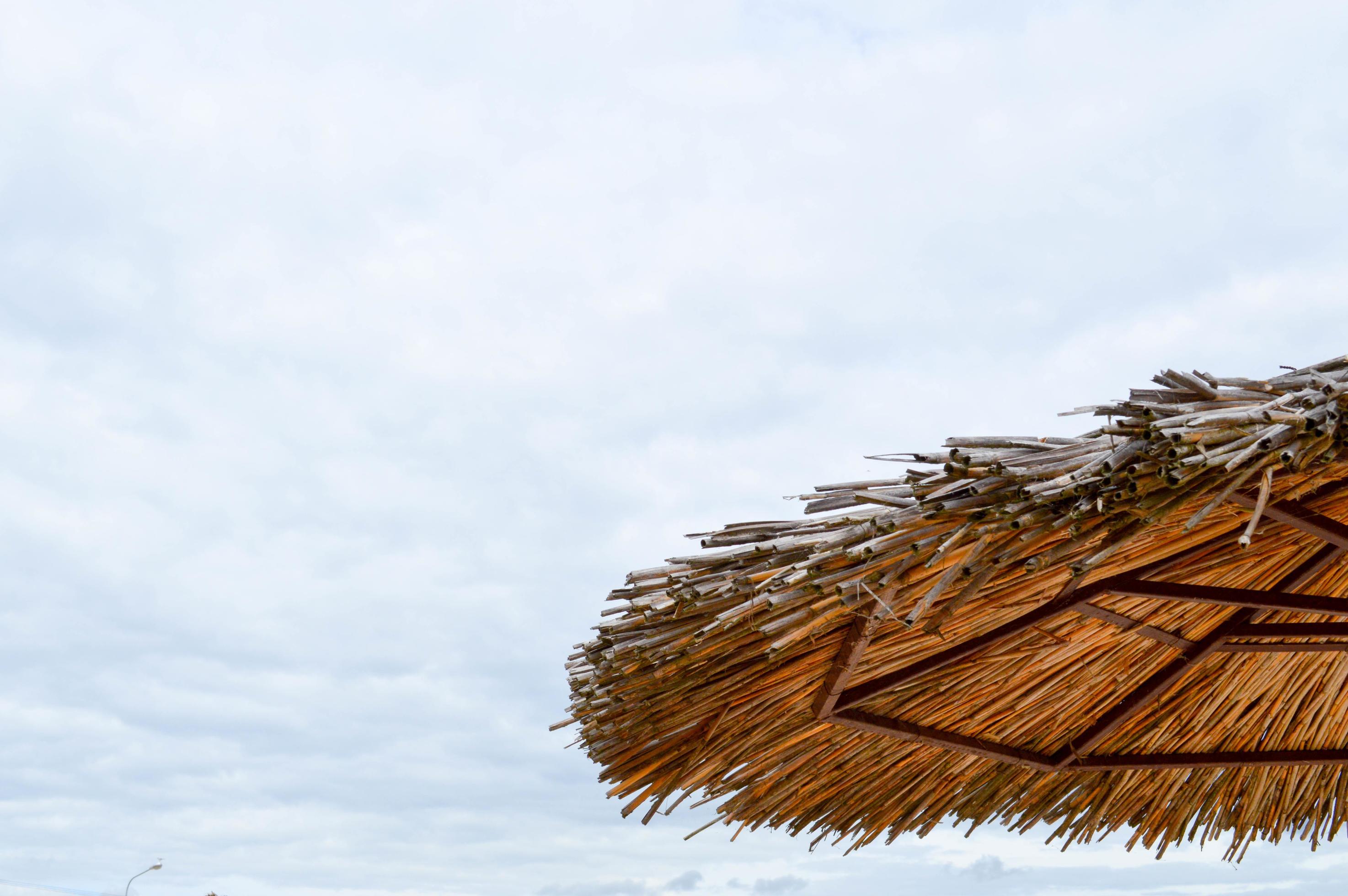 Texture of a natural straw dry beach sun umbrella made from hay dried grass and branches on the beach against a blue sky at a rest resort Stock Free