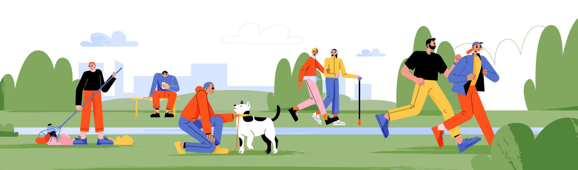 People walking, jogging, clean trash in park Free Vector