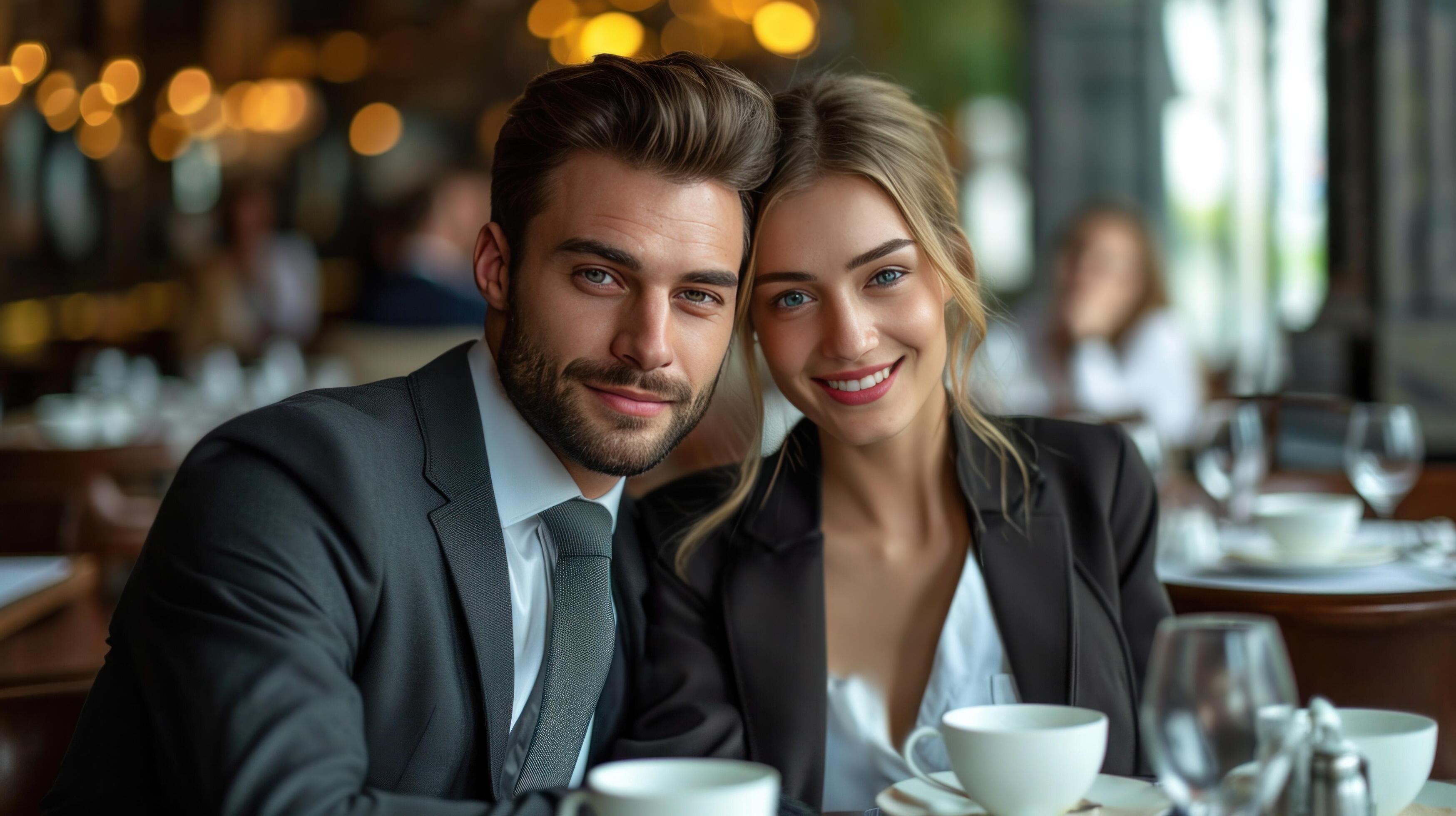 AI generated elegant business couple sitting in luxury restaurant with glass of shampagne Stock Free