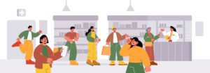 queue-in-pharmacy-people-at-drug-store-counter-free-vector