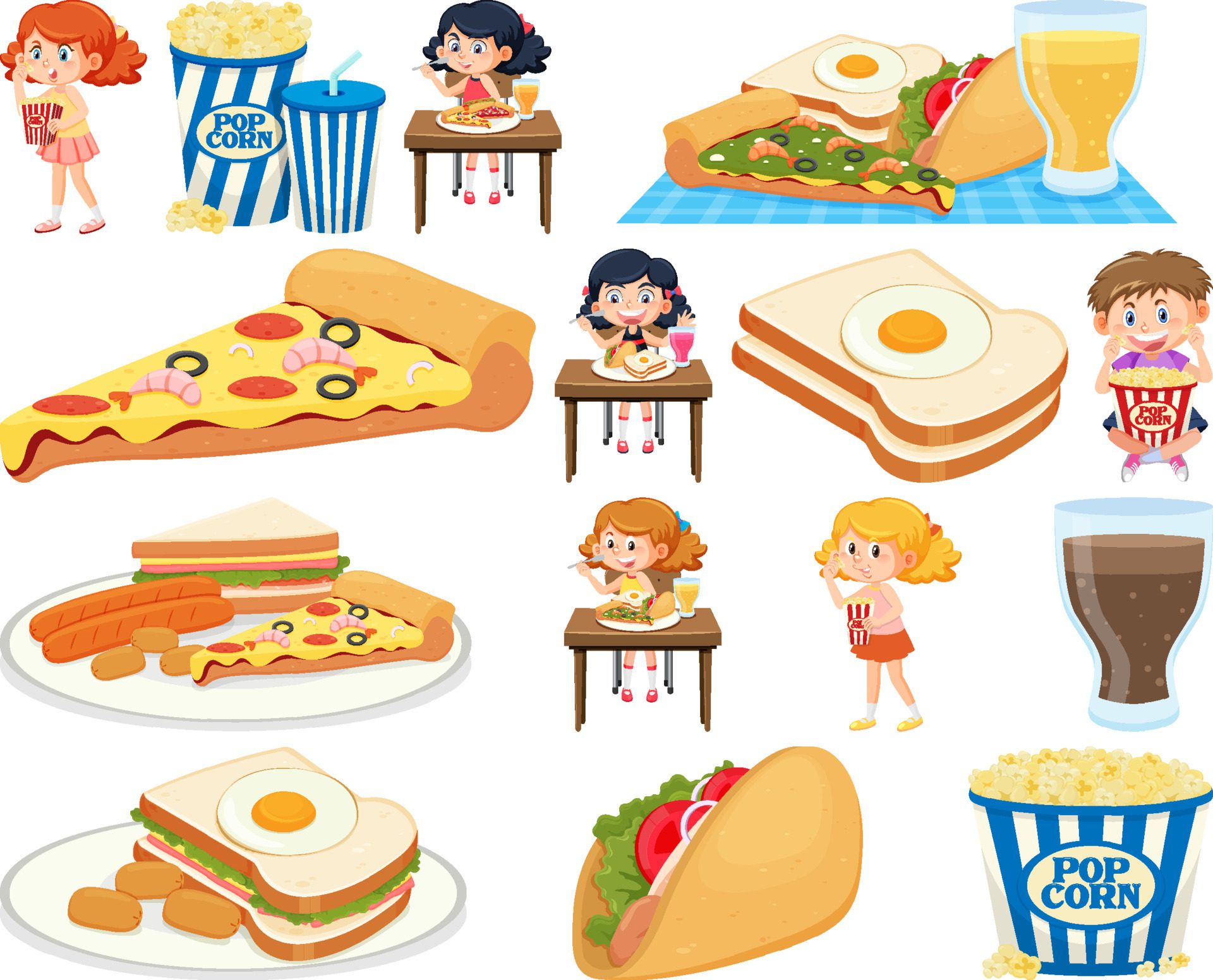 Set of different junk foods and kids Free Vector