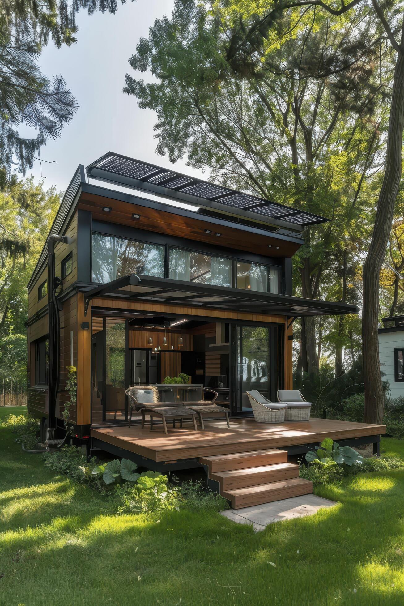 A modern house with wood and windows,standing on an open green lawn in the forest. The roof is made of solar panels. Stock Free