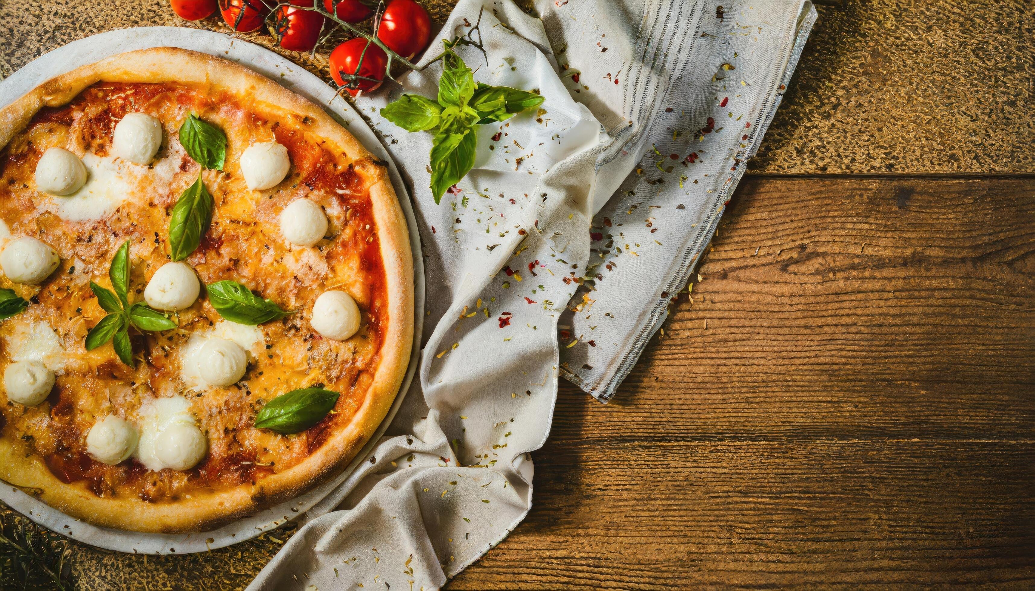 
									Copy Space image of Pizza Margherita on wooden background, Pizza Margarita with Tomatoes, Stock Free