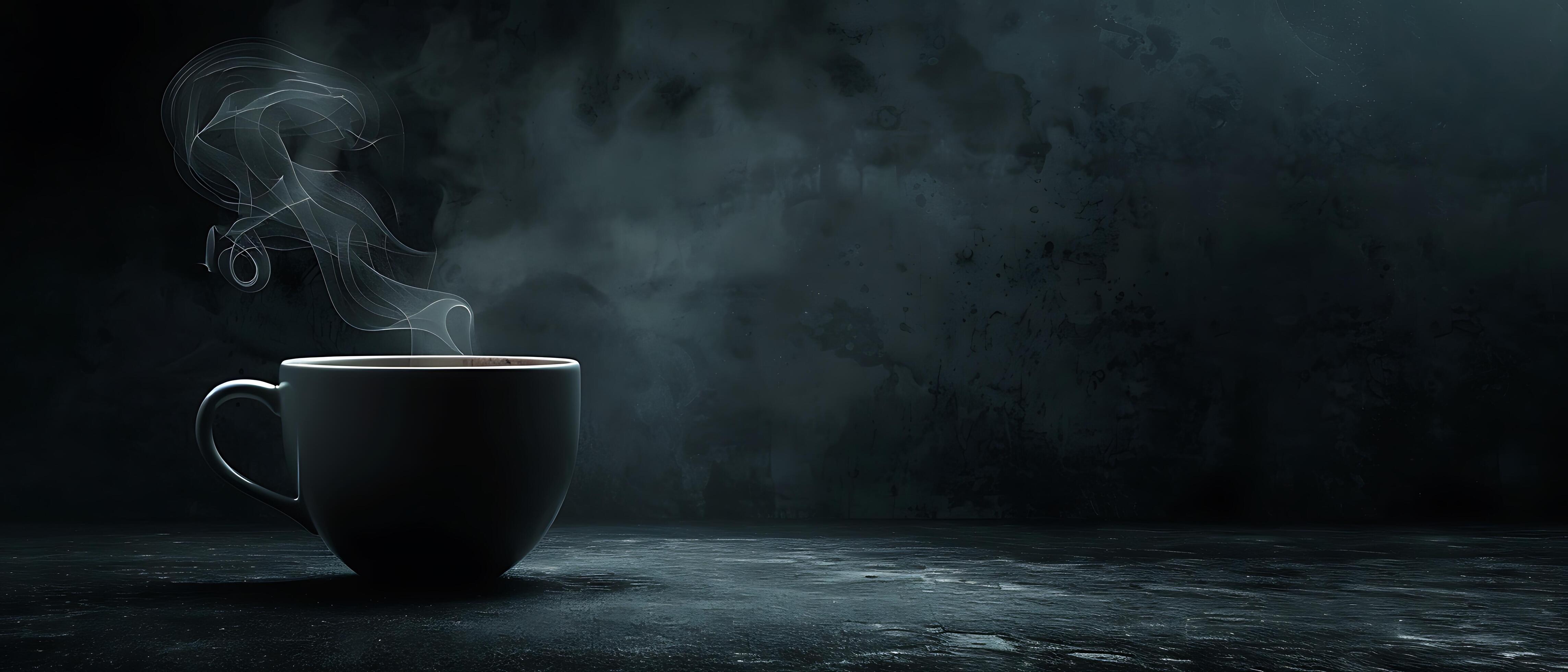 Moody and Dramatic Coffee Cup with Swirling Steam on Dark Background Enhancing Textures and Shadows, Copy Space for Design Stock Free