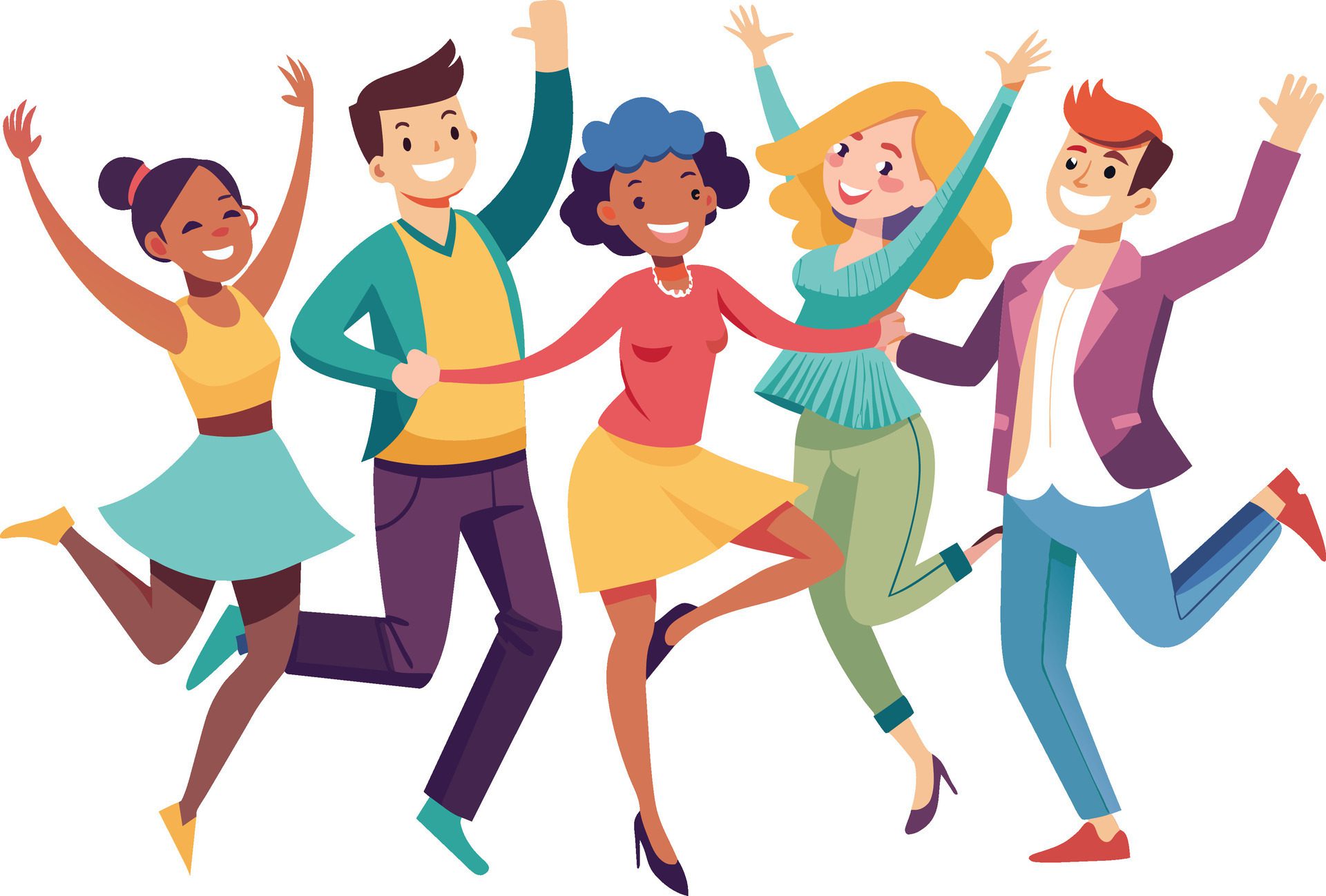 Happy group of friends jumping and having fun. Cheerful young people dancing Free Vector