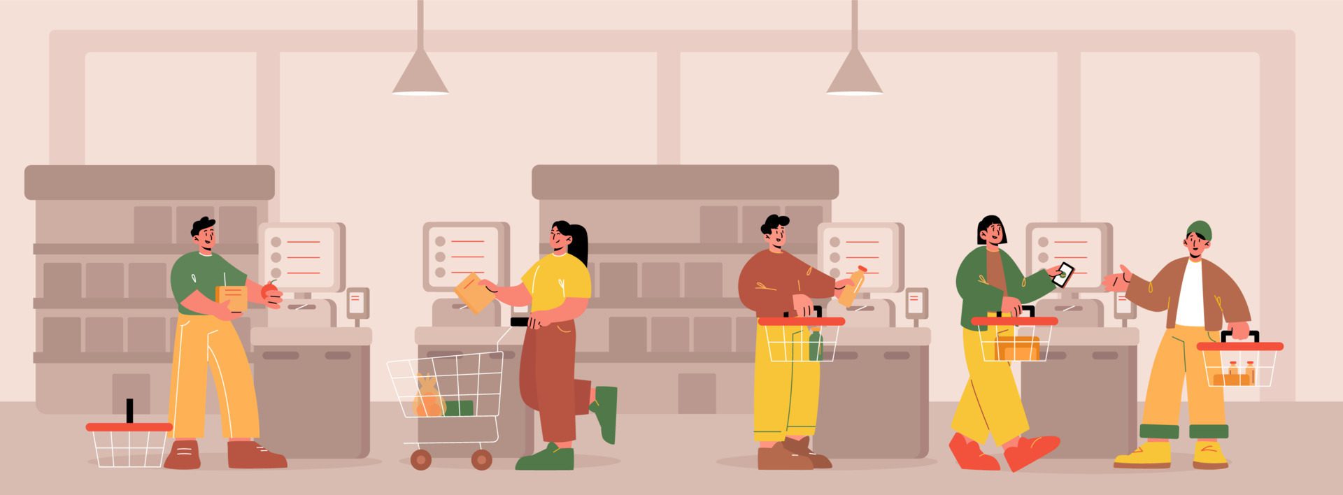 
									People use self service payment in supermarket Free Vector