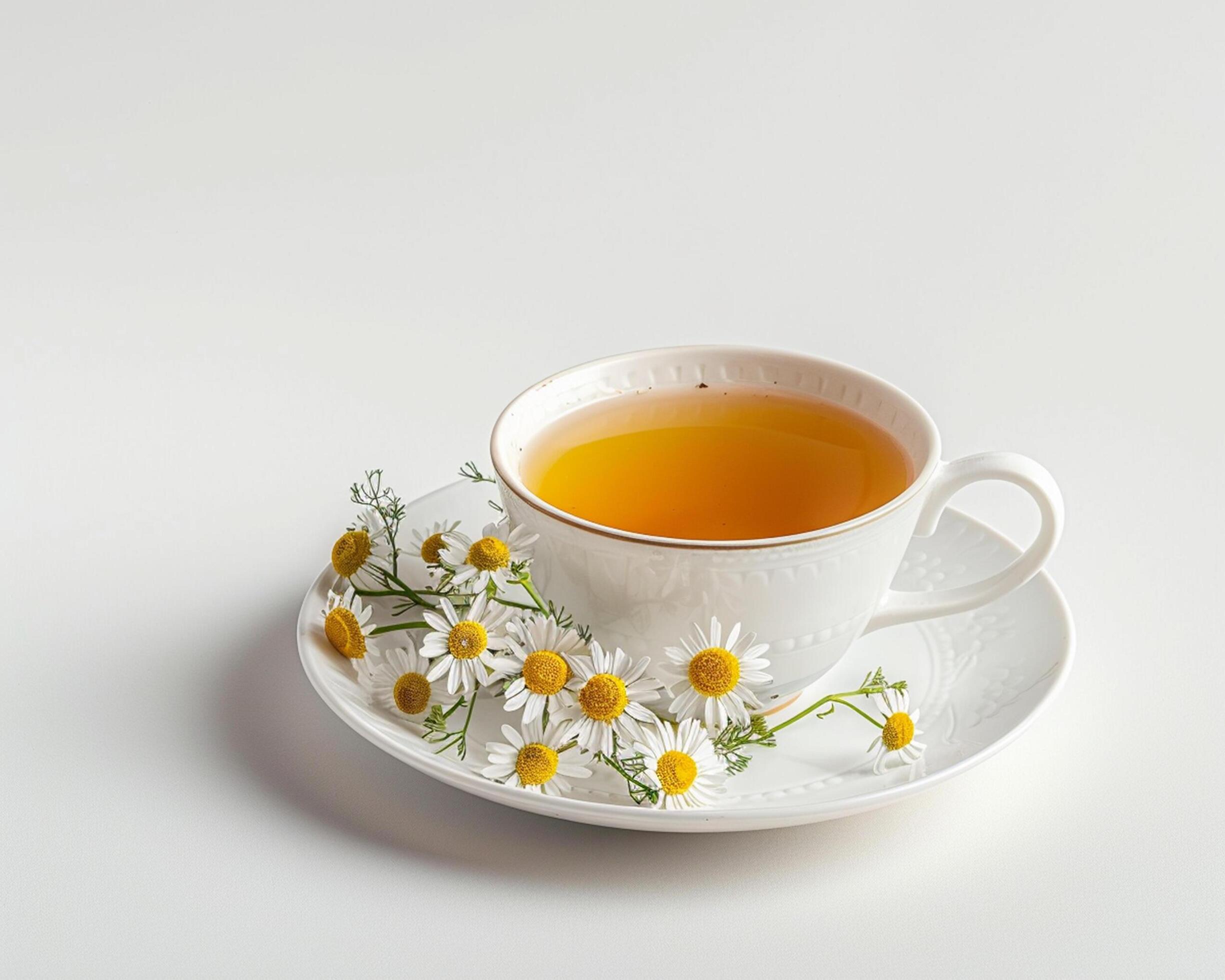 chamomile tea with flowers on white background Stock Free