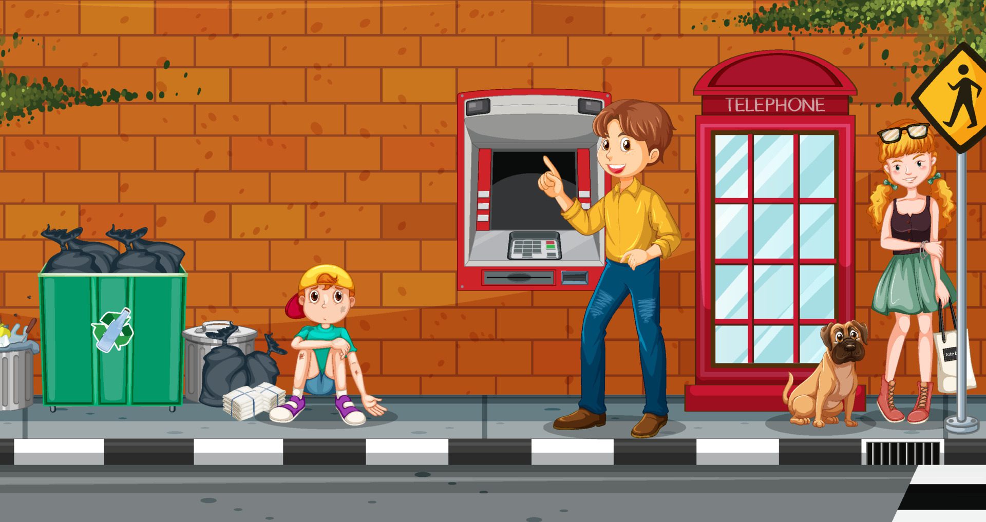 ATM machine street scene with people Free Vector