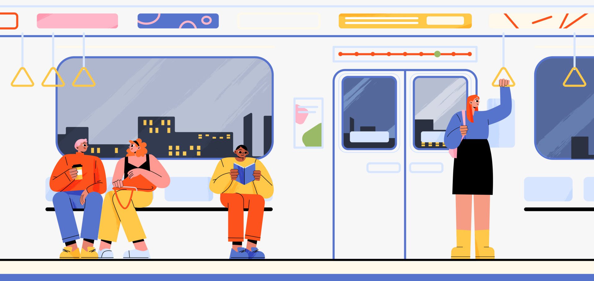 Happy people in subway, flat vector illustration Free Vector