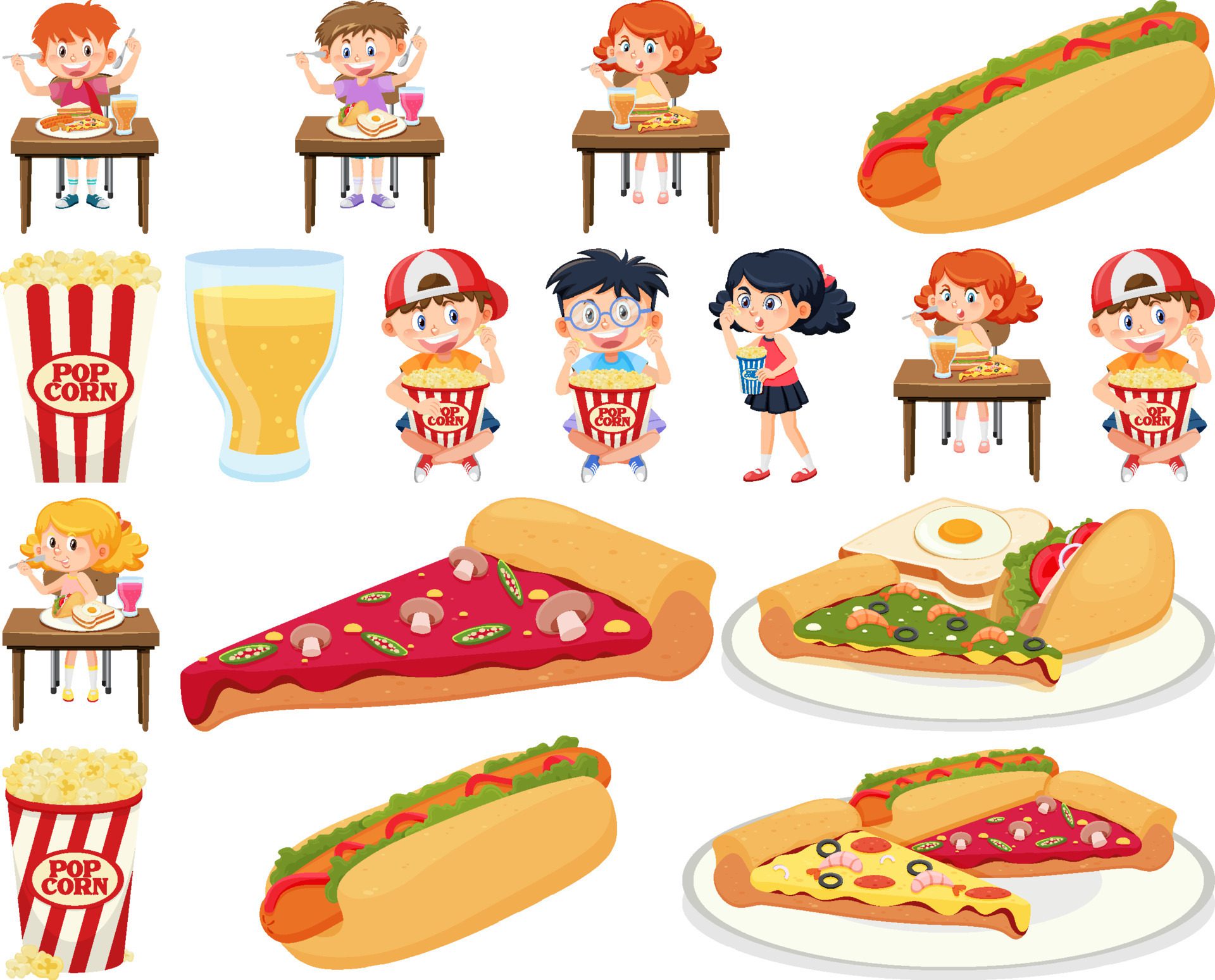 Set of different junk foods and kids Free Vector