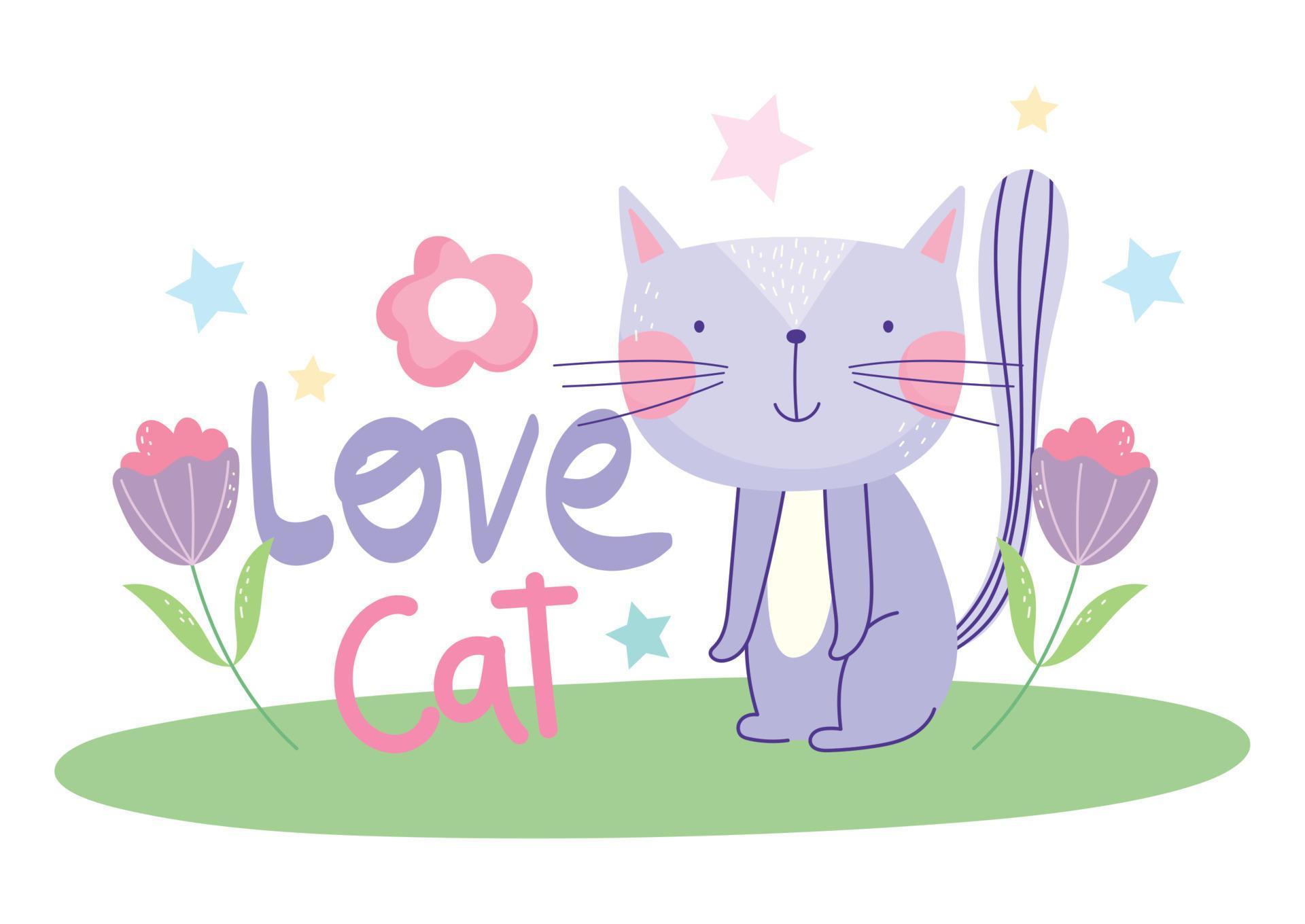 love cat flowers grass decoration animal cartoon cute text Stock Free