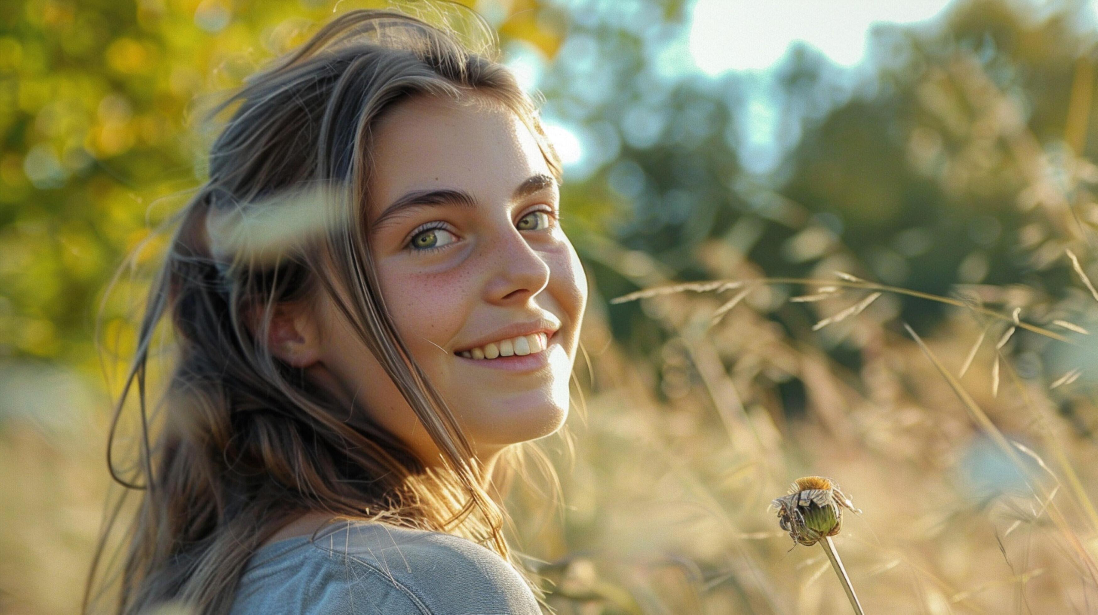 young woman smiling looking at camera surrounded Stock Free