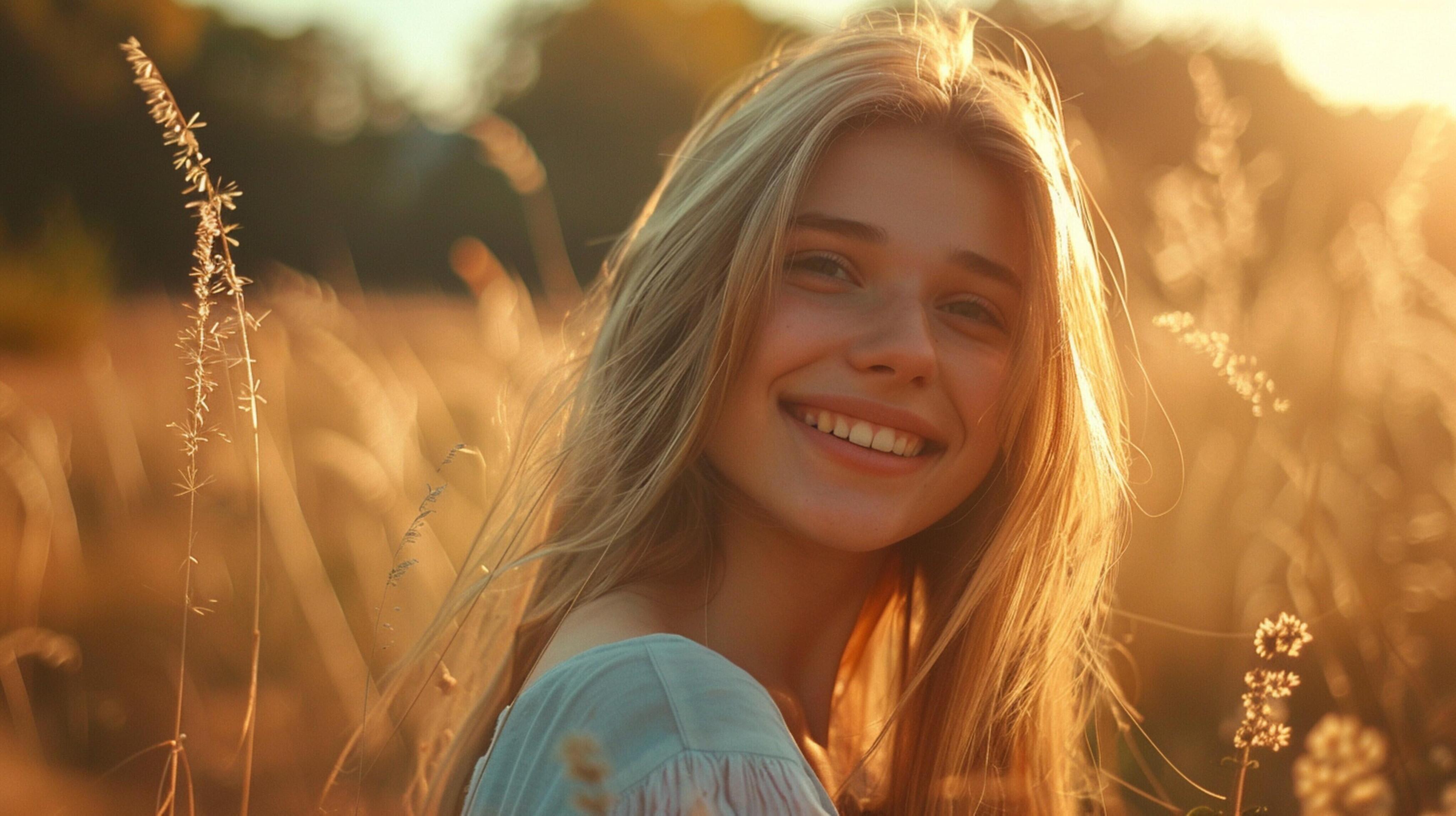 young woman with long blond hair smiling enjoying Stock Free